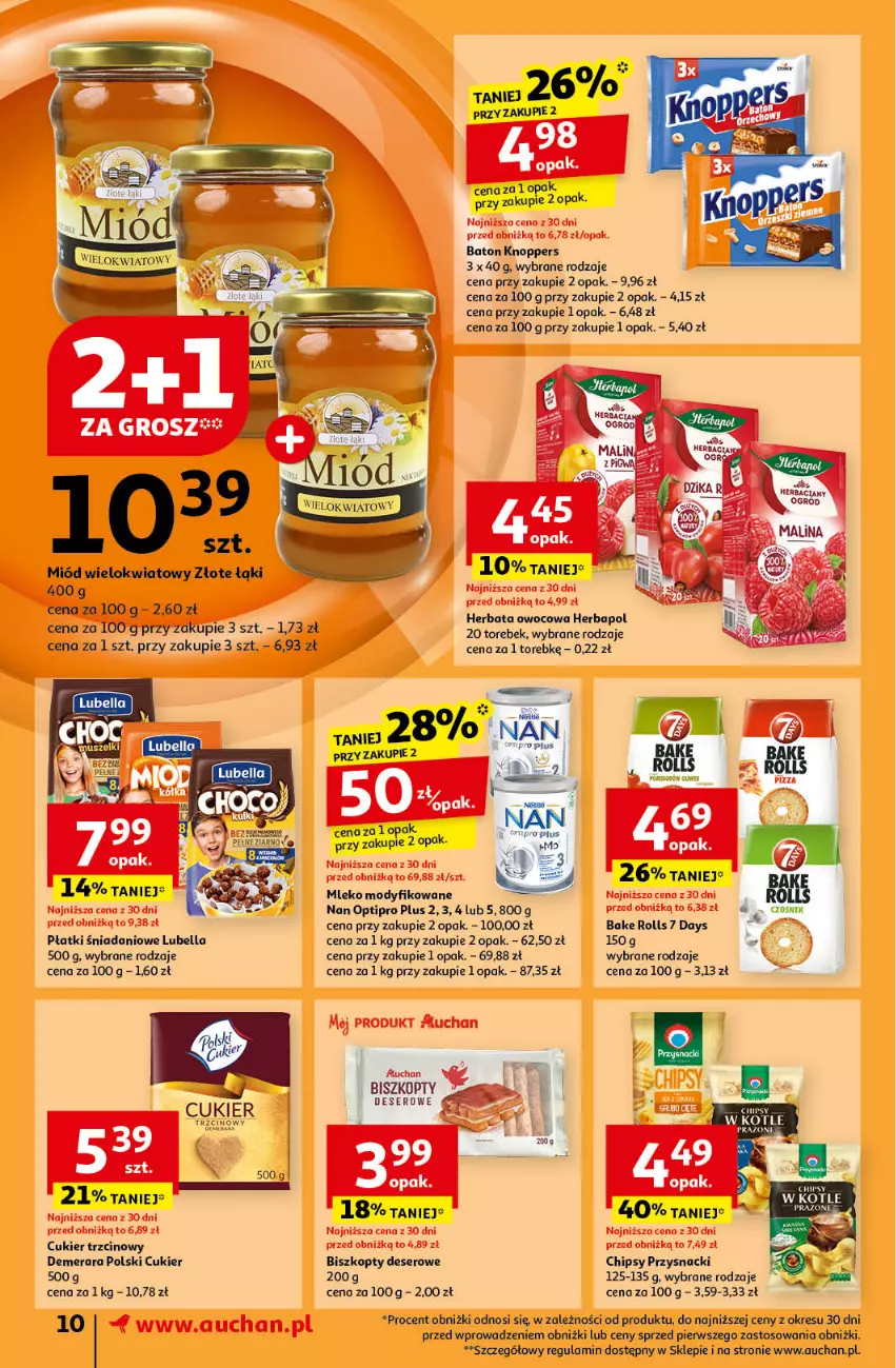 Gazetka promocyjna Auchan - Pewność Niskich Cen Supermarket - ważna 15.10 do 23.10.2024 - strona 12 - produkty: 7 Days, Bake Rolls, Baton, Bell, Bella, Biszkopty, Chipsy, Cukier, Cukier trzcinowy, Czosnek, Danio, Deser, Herbapol, Herbata, Herbata owocowa, Knoppers, Lubella, Miód, Mleko, Mleko modyfikowane, NAN Optipro, Przysnacki, Ser