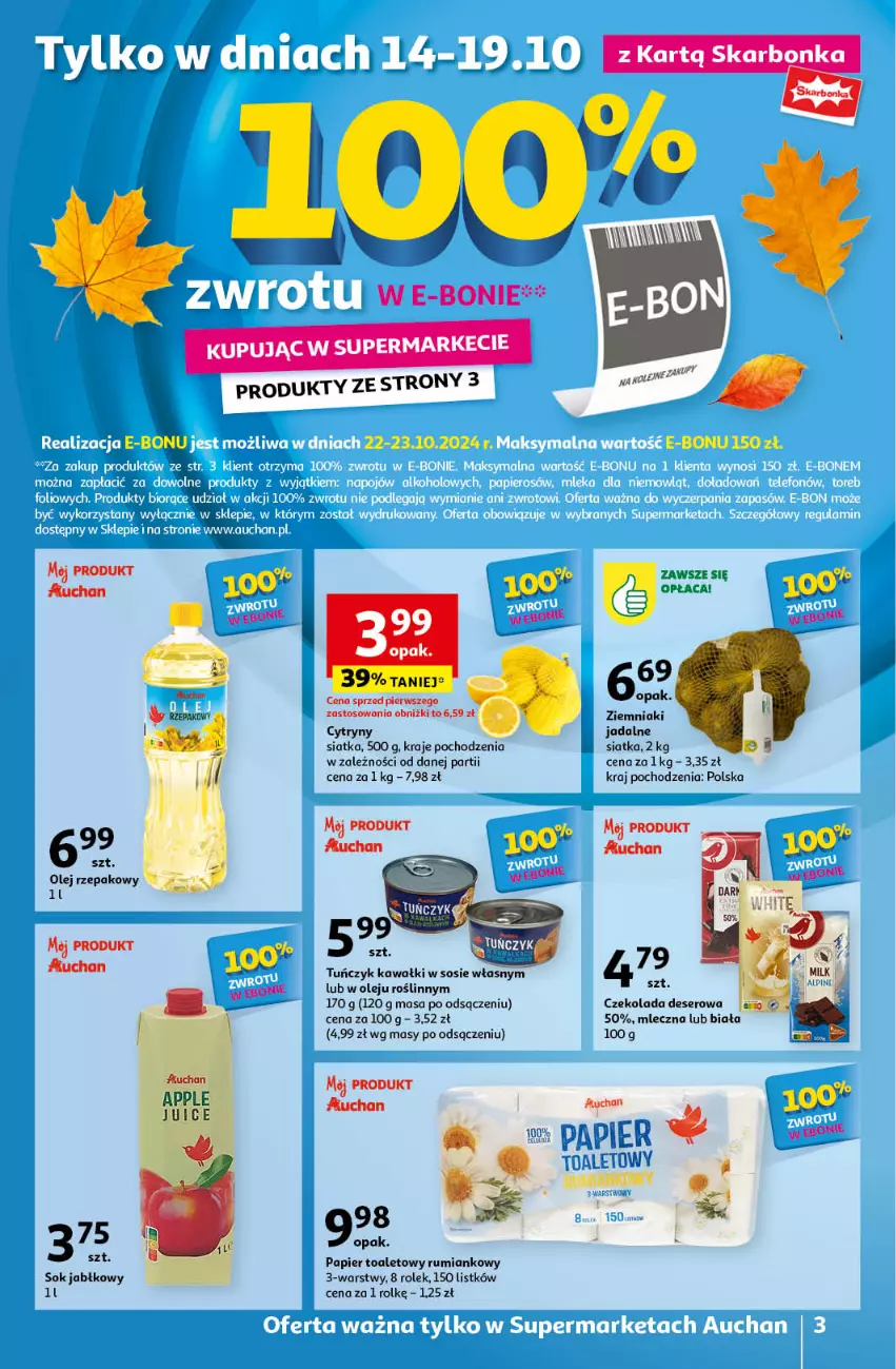 Gazetka promocyjna Auchan - Pewność Niskich Cen Supermarket - ważna 15.10 do 23.10.2024 - strona 3 - produkty: Cytryny, Czekolada, Deser, Kawa, Olej, Olej rzepakowy, Papier, Papier toaletowy, Rum, Ser, Siatka, Sok, Sok jabłkowy, Sos, Tuńczyk, Ziemniaki