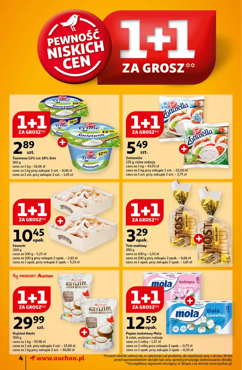 Gazetka promocyjna Auchan - Pewność Niskich Cen Supermarket - ważna 15.10 do 23.10.2024 - strona 4 - produkty: Cukier, Ksylitol, Mola, Papier, Papier toaletowy, Zott, Zottarella