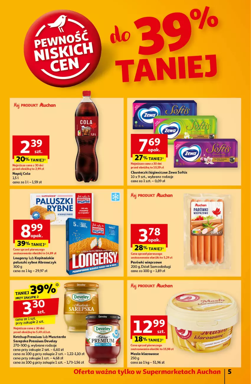 Gazetka promocyjna Auchan - Pewność Niskich Cen Supermarket - ważna 15.10 do 23.10.2024 - strona 5 - produkty: Chusteczki, Ketchup, Masło, Masło klarowane, Mus, Musztarda, Napój, Paluszki rybne, Parówki