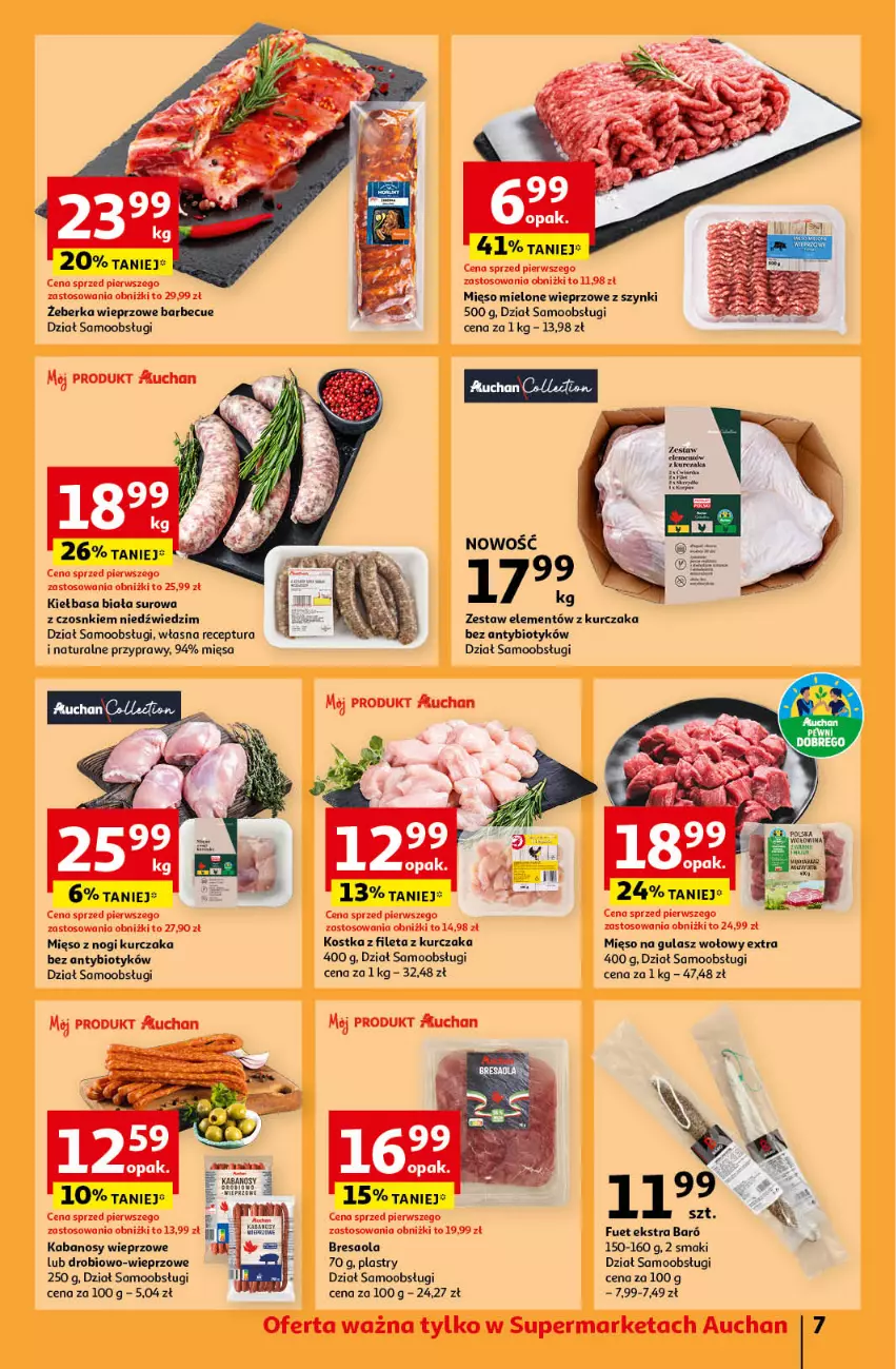 Gazetka promocyjna Auchan - Pewność Niskich Cen Supermarket - ważna 15.10 do 23.10.2024 - strona 9 - produkty: Bresaola, Gulasz wołowy, Kabanos, Kiełbasa, Kiełbasa biała, Kurczak, Mięso, Mięso mielone, Mięso na gulasz, Przyprawy