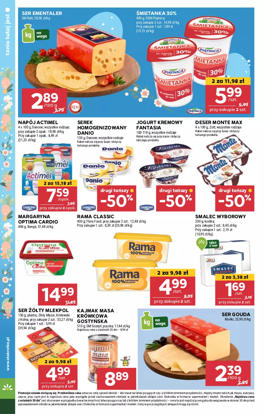 Gazetka promocyjna Stokrotka - Supermarket - ważna 10.04 do 15.04.2025 - strona 14 - produkty: Actimel, Danio, Deser, Ementaler, Fa, Fanta, Gouda, Jogurt, Margaryna, Masa krówkowa, Monte, Napój, Optima, Optima Cardio, Owoce, Rama, Ser, Serek, Serek homogenizowany, Smalec, Warzywa