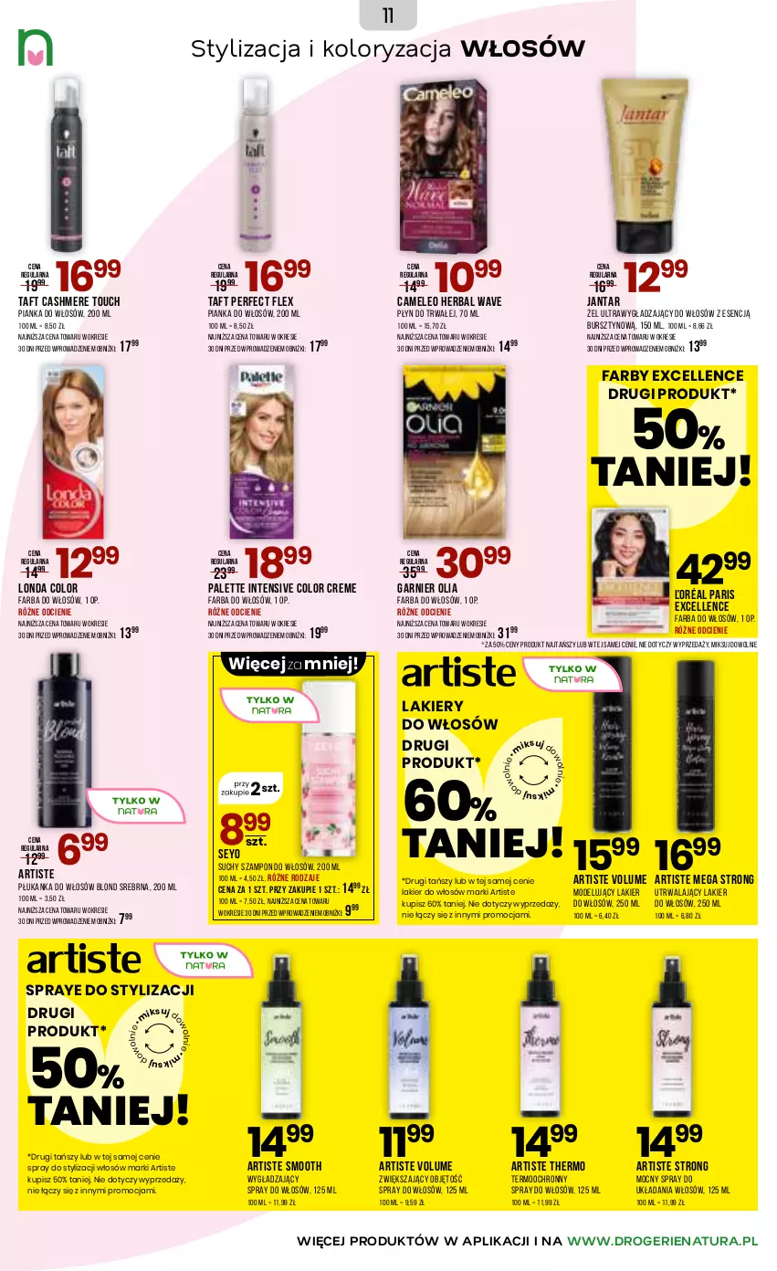 Gazetka promocyjna Drogerie Natura - Gazetka Drogerie Natura - ważna 16.02 do 04.03.2026 - strona 11 - produkty: Bursztyn, Color Creme, Eleo, Fa, Farba do włosów, Garnier, Lakier, Lakier do włosów, Palette, Pianka do włosów, Suchy szampon, Szampon, Taft