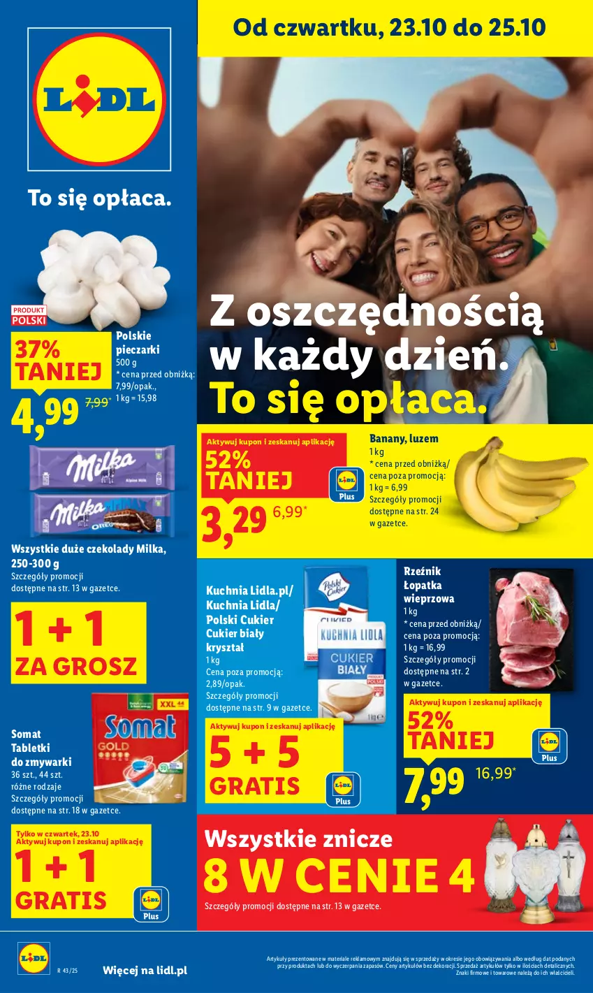 Gazetka promocyjna Lidl - GAZETKA - ważna 23.10 do 25.10.2025 - strona 1 - produkty: Banany, Cukier, Gra, Kuchnia, Milka, Piec, Somat, Tablet, Tabletki do zmywarki, Zmywarki, Znicz