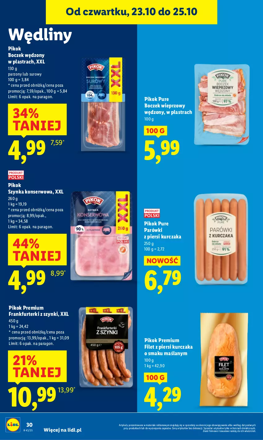 Gazetka promocyjna Lidl - GAZETKA - ważna 23.10 do 25.10.2025 - strona 34 - produkty: Boczek, Boczek wieprzowy, Filet z piersi kurczaka, Frankfurterki, Kurczak, Parówki, Parówki z piersi kurczaka, PIKOK, Pur, Ser, Szynka, Szynka konserwowa