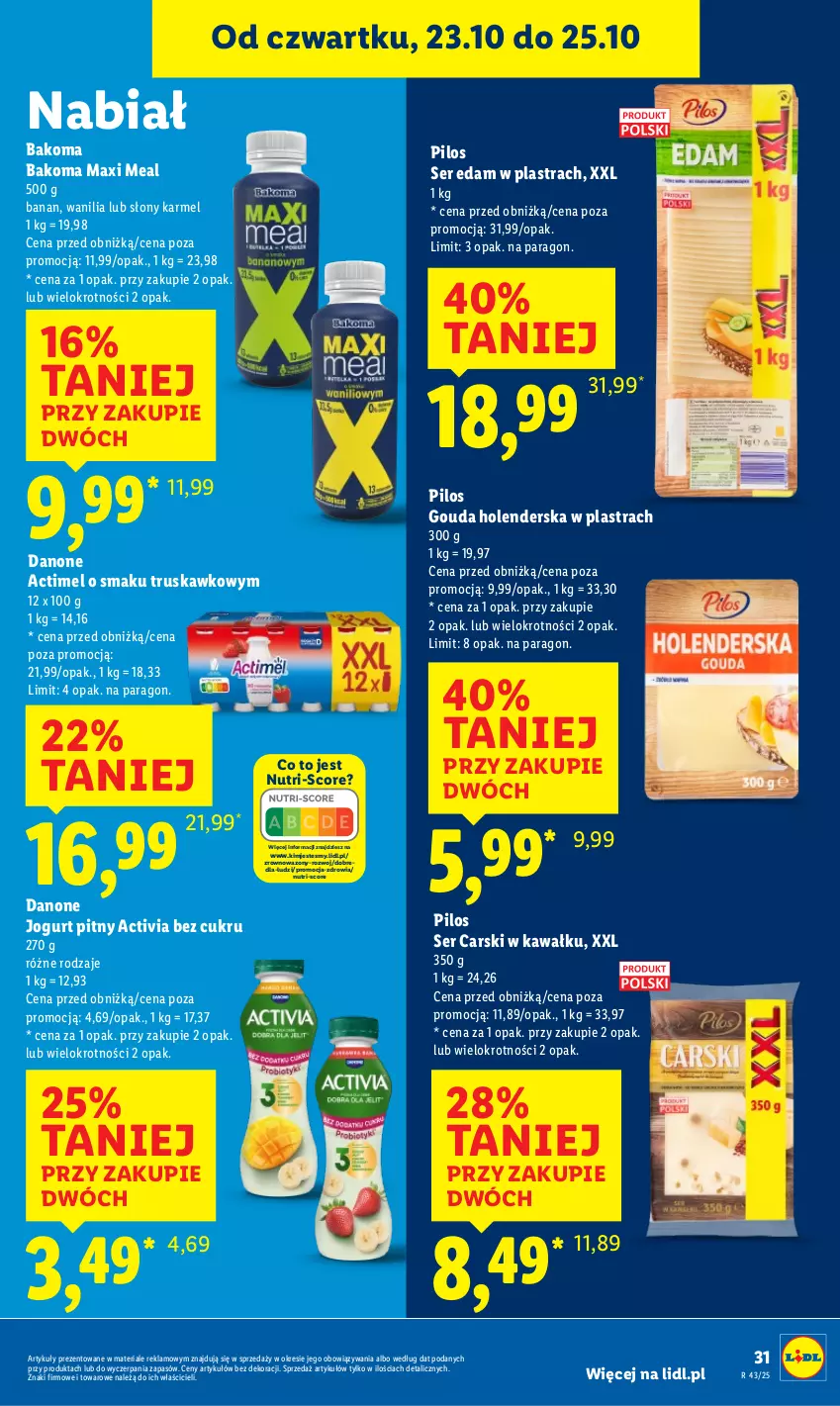 Gazetka promocyjna Lidl - GAZETKA - ważna 23.10 do 25.10.2025 - strona 35 - produkty: Actimel, Activia, Bakoma, Cars, Danone, Edam, Gouda, Jogurt, Jogurt pitny, Kawa, Pilos, Ser, Wazon