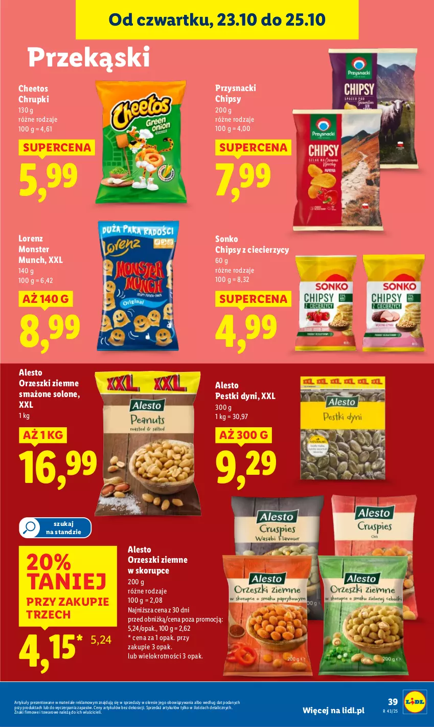 Gazetka promocyjna Lidl - GAZETKA - ważna 23.10 do 25.10.2025 - strona 43 - produkty: Cheetos, Chipsy, Chrupki, Lorenz, Monster Munch, Orzeszki, Orzeszki ziemne, Pestki dyni, Przysnacki, Sonko