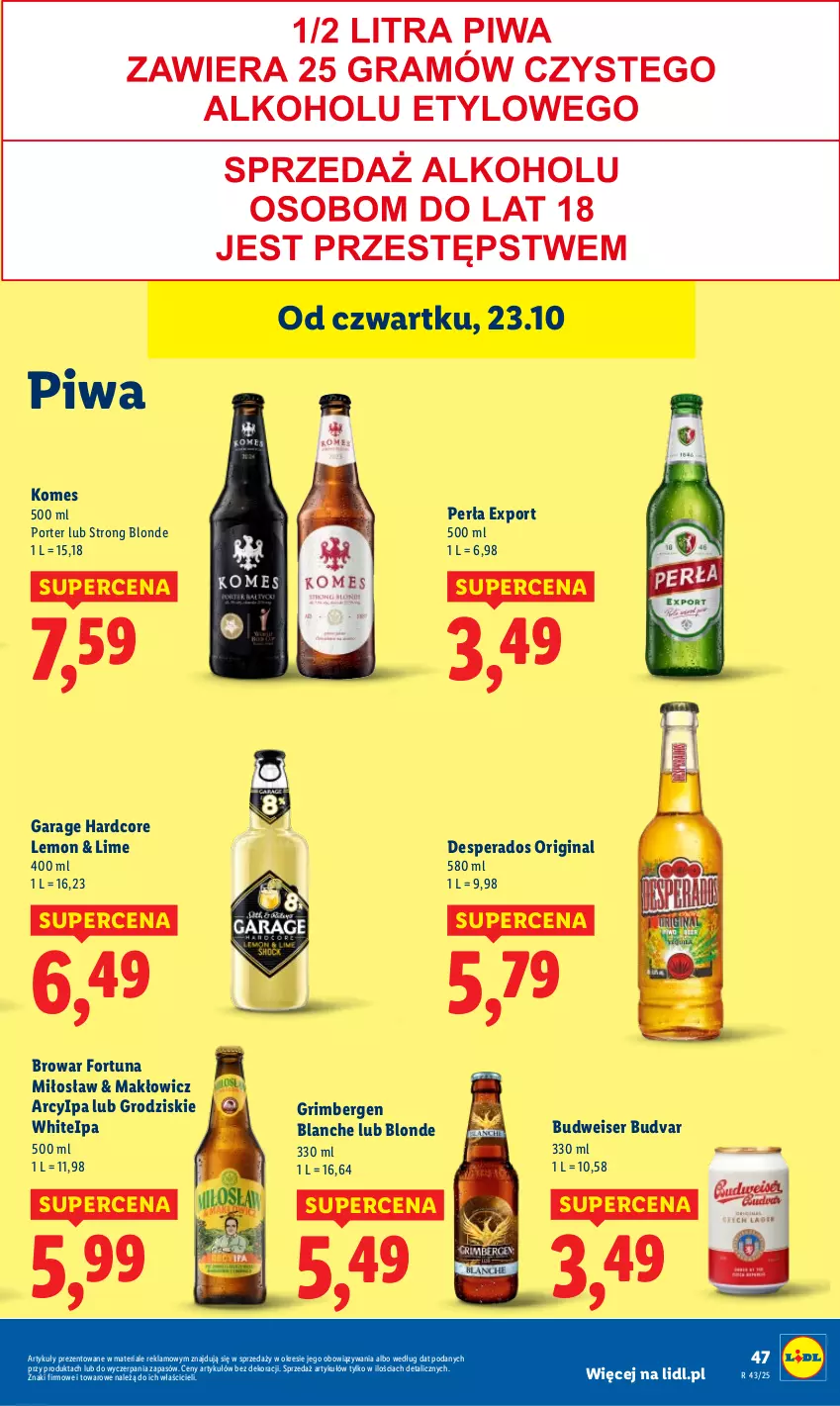 Gazetka promocyjna Lidl - GAZETKA - ważna 23.10 do 25.10.2025 - strona 51 - produkty: Desperados, Fortuna, Gin, Perła, Piwa, Por, Ser