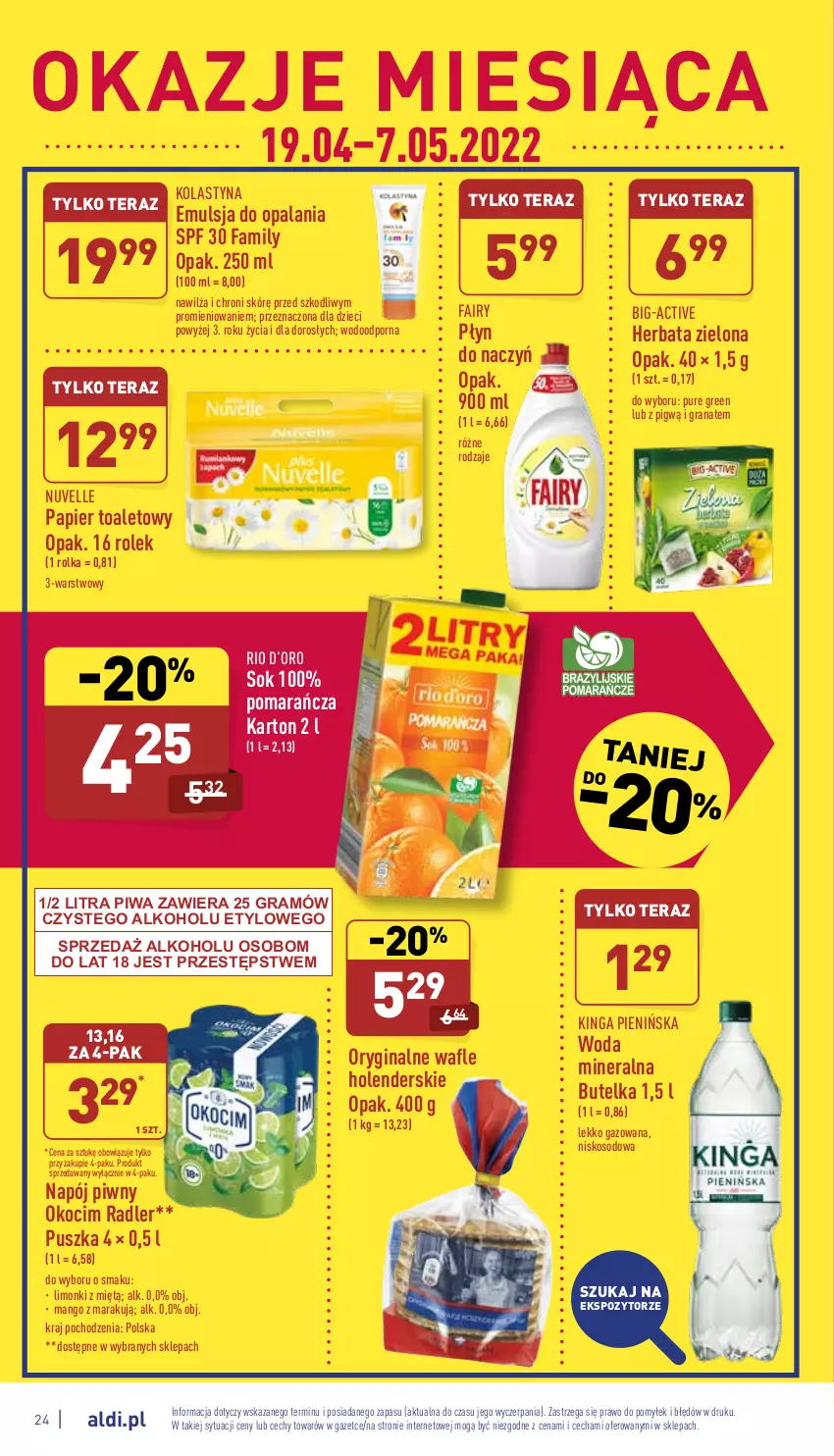 Gazetka promocyjna Aldi - Katalog spożywczy - ważna 25.04 do 30.04.2022 - strona 24 - produkty: Dzieci, Emulsja, Fa, Fairy, Gin, Gra, Granat, Herbata, Koc, Mango, Napój, Okocim, Papier, Papier toaletowy, Piwa, Por, Pur, Radler, Sok, Tera, Wafle, Woda, Woda mineralna