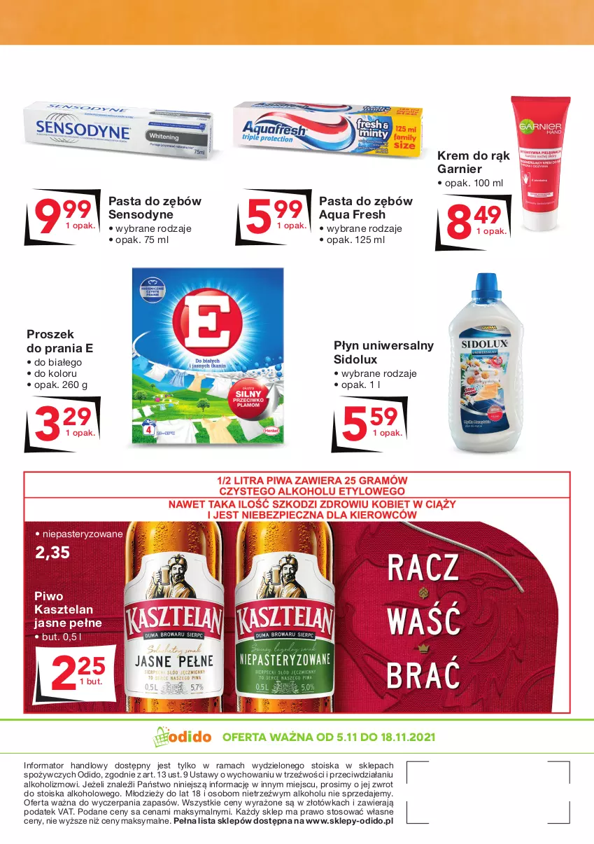 Gazetka promocyjna Odido - Kupuj ULUBIONE! - ważna 05.11 do 18.11.2021 - strona 4 - produkty: Garnier, Kasztelan, Krem do rąk, Pasta do zębów, Piwo, Proszek do prania, Rama, Sensodyne, Sidolux