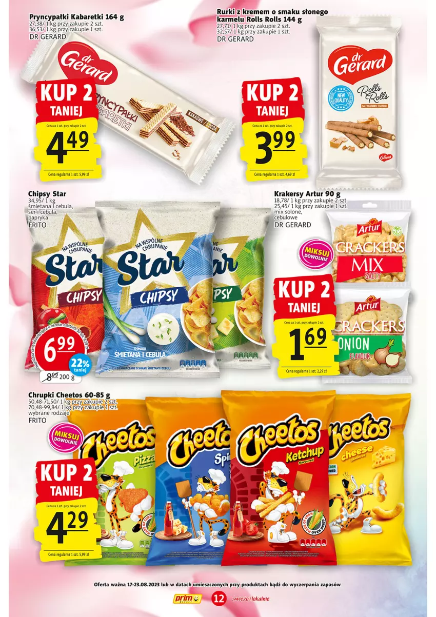 Gazetka promocyjna Prim Market - ważna 17.08 do 23.08.2023 - strona 12 - produkty: Artur, Cebula, Cheetos, Chipsy, Chrupki, Dr Gerard, Krakersy, NBA, Rurki, Ser