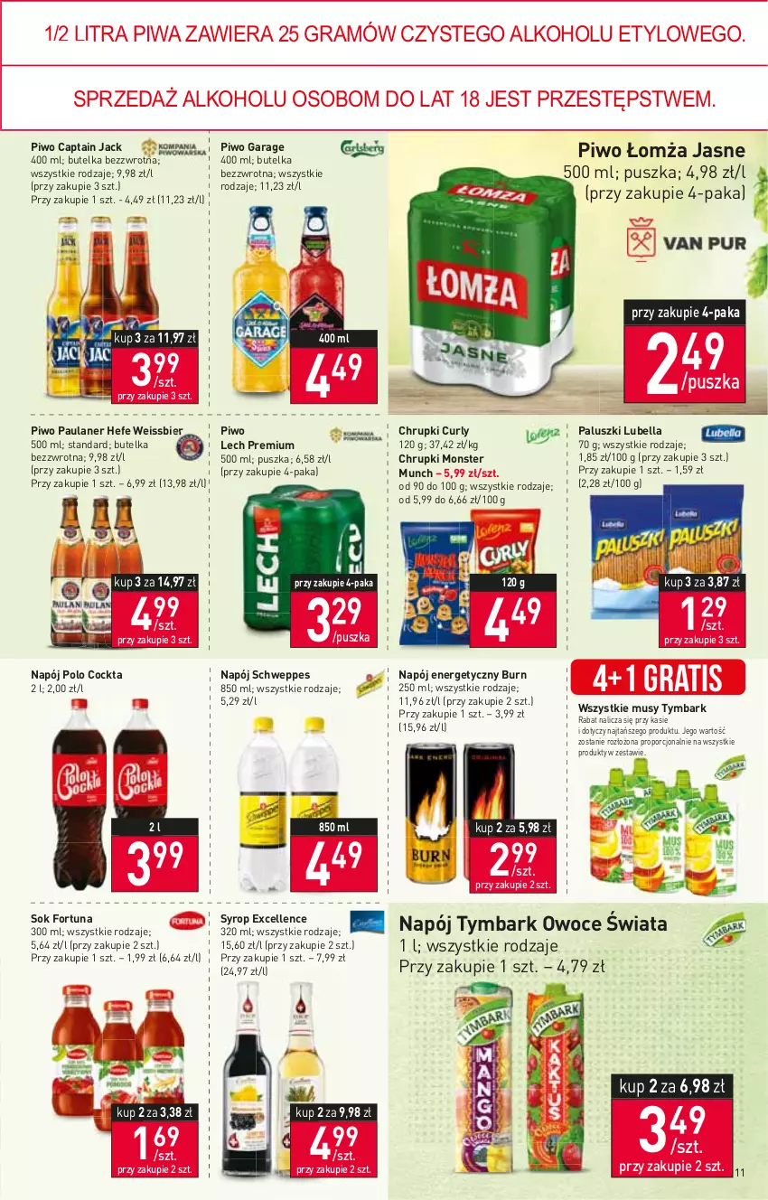 Gazetka promocyjna Stokrotka - Supermarket - ważna 29.12.2022 do 04.01.2023 - strona 11 - produkty: Bell, Bella, Captain Jack, Chrupki, Fortuna, Gra, Lech Premium, Lubella, Monster Munch, Mus, Napój, Napój energetyczny, Owoce, Piwa, Piwo, Por, Schweppes, Sok, Syrop, Tymbark