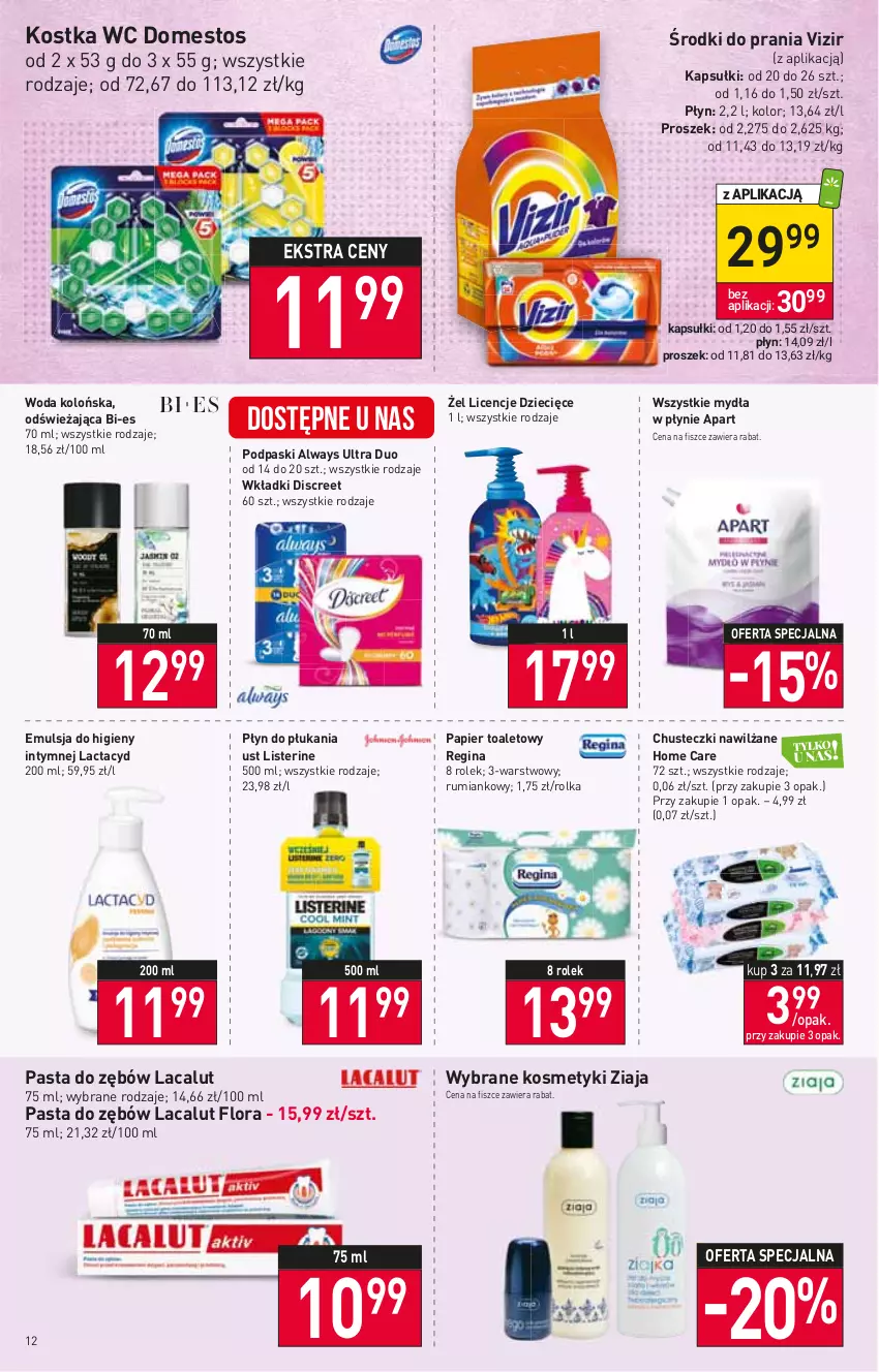 Gazetka promocyjna Stokrotka - Supermarket - ważna 29.12.2022 do 04.01.2023 - strona 12 - produkty: Always, Always Ultra, Chusteczki, Discreet, Domestos, Dzieci, Emulsja, Flora, Gin, Lacalut, Lactacyd, Listerine, Papier, Papier toaletowy, Pasta do zębów, Płyn do płukania, Podpaski, Rum, Vizir, Wkładki, Woda, Woda kolońska, Ziaja