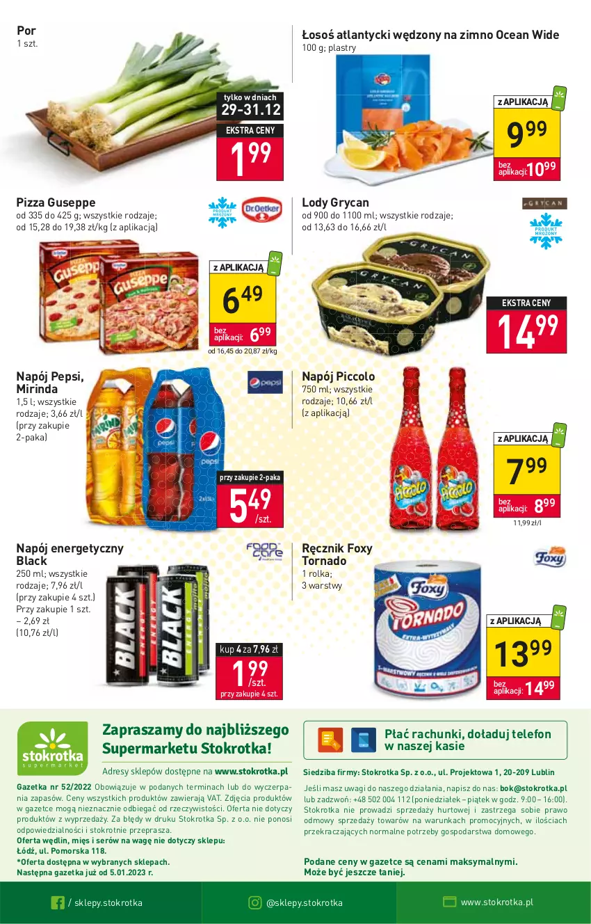 Gazetka promocyjna Stokrotka - Supermarket - ważna 29.12.2022 do 04.01.2023 - strona 16 - produkty: Foxy, Gry, Lack, Lody, Mirinda, Napój, Napój energetyczny, O nas, Pepsi, Pizza, Por, Ręcznik, Ser, Telefon, Wagi