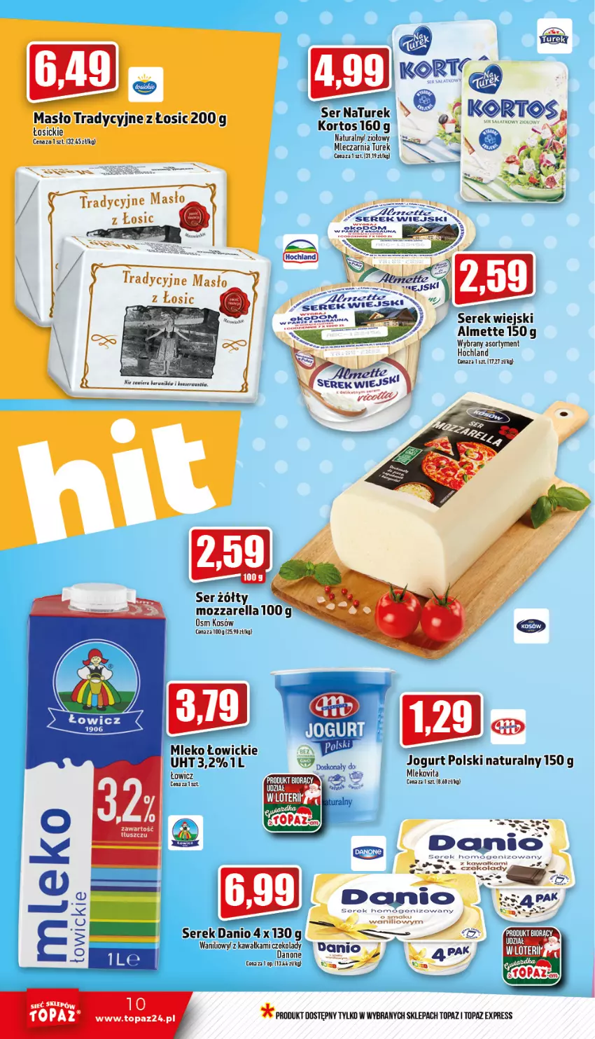 Gazetka promocyjna Topaz - Gazetka - ważna 12.01 do 18.01.2023 - strona 10 - produkty: Almette, Danio, Danone, Hochland, Jogurt, Kawa, Masło, Mleko, Mlekovita, Mozzarella, Ser, Serek, Serek wiejski, Top, Vita C