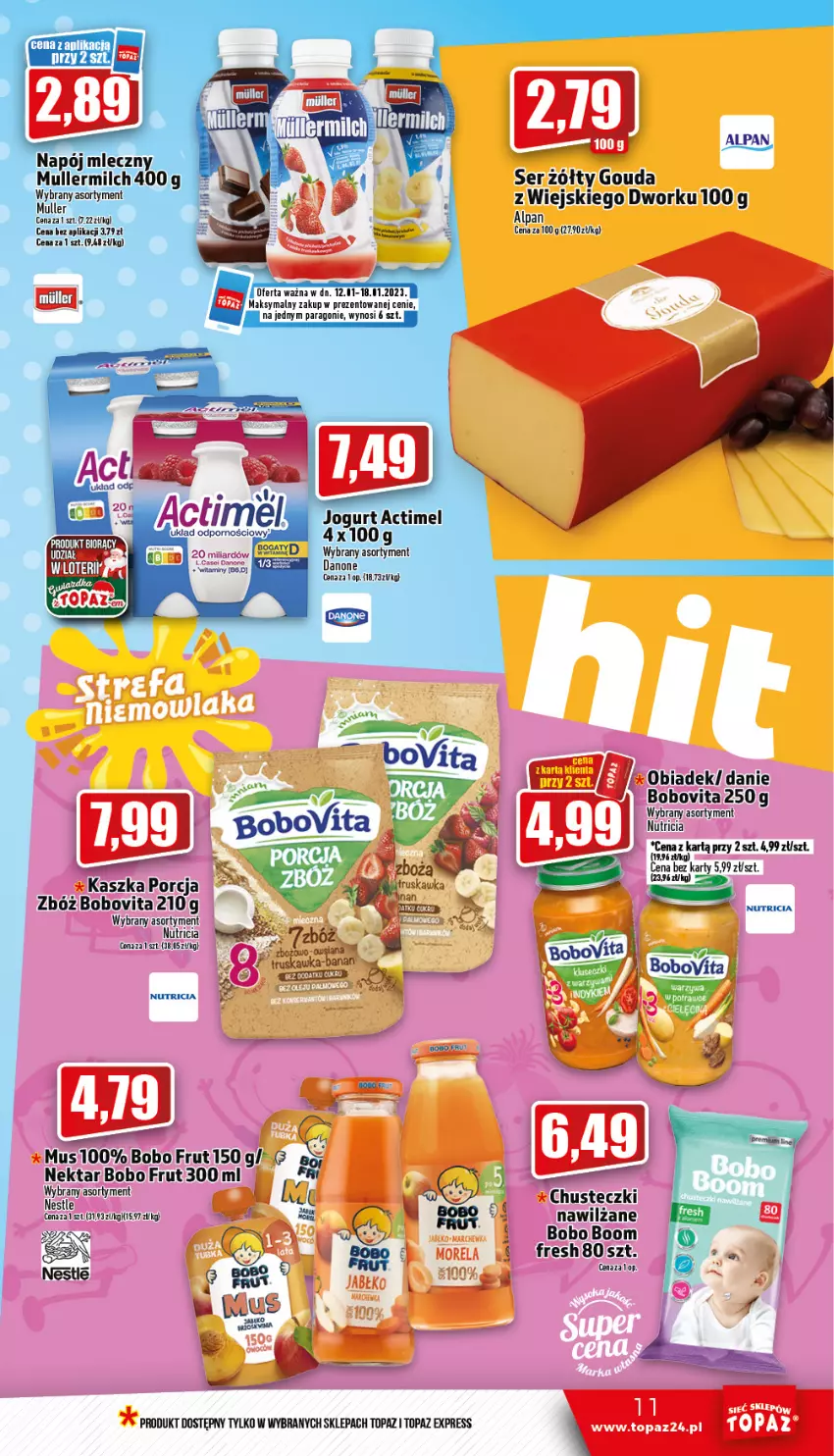 Gazetka promocyjna Topaz - Gazetka - ważna 12.01 do 18.01.2023 - strona 11 - produkty: Actimel, BoboVita, Chusteczki, Danone, Gouda, Gra, Jogurt, LG, Miecz, Mus, Napój, Por, Ser, Top