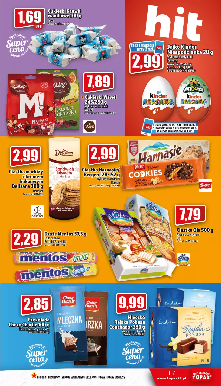 Gazetka promocyjna Topaz - Gazetka - ważna 12.01 do 18.01.2023 - strona 17 - produkty: Ciastka, Czekolada, Ferrero, Harnaś, Isana, Mentos, Mleczko, Top