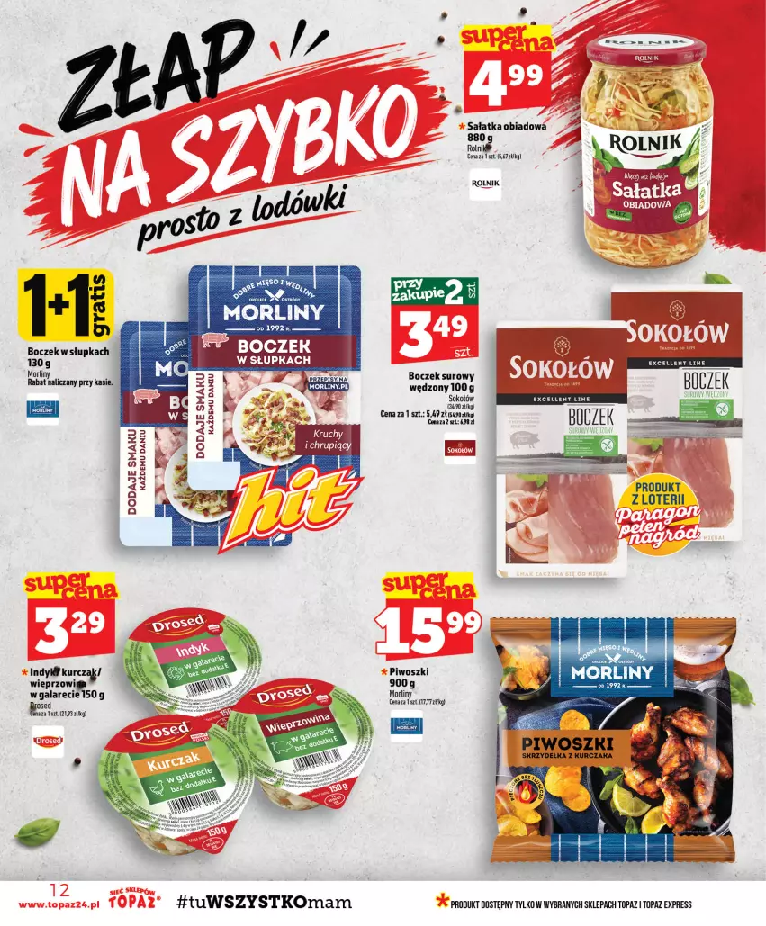 Gazetka promocyjna Topaz - Gazetka - ważna 10.09 do 16.09.2026 - strona 12 - produkty: Boczek, Gala, Kurczak, Morliny, Piwo, Rolnik, Sałat, Sałatka, Skrzydełka z kurczaka, Sok, Sokołów, Top