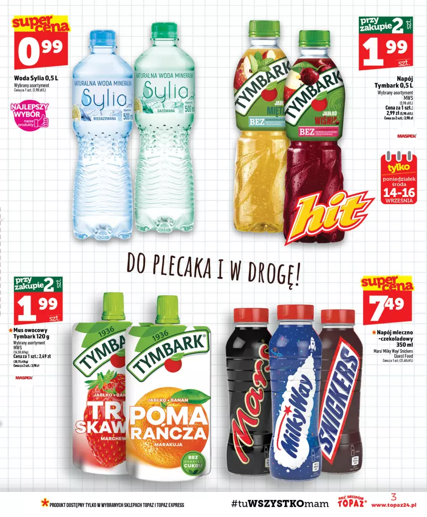 Gazetka promocyjna Topaz - Gazetka - ważna 10.09 do 16.09.2026 - strona 3 - produkty: Mars, Milky Way, Mus, Napój, Snickers, Top, Tymbark, Woda
