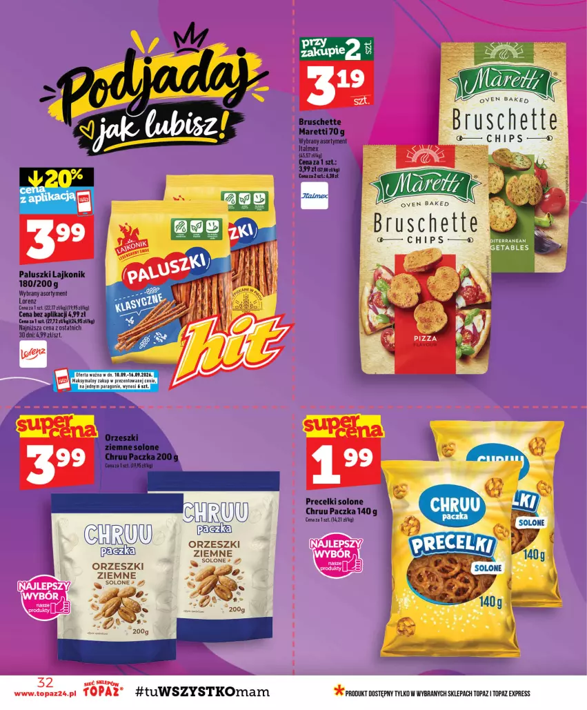 Gazetka promocyjna Topaz - Gazetka - ważna 10.09 do 16.09.2026 - strona 32 - produkty: Bruschette, Lajkonik, Lorenz, Orzeszki, Orzeszki ziemne, Precelki, Top