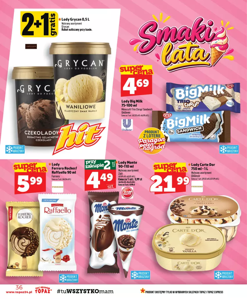 Gazetka promocyjna Topaz - Gazetka - ważna 10.09 do 16.09.2026 - strona 36 - produkty: Big Milk, Fa, Ferrero, Ferrero Rocher, Gry, Lody, Monte, Raffaello, Top, Zott