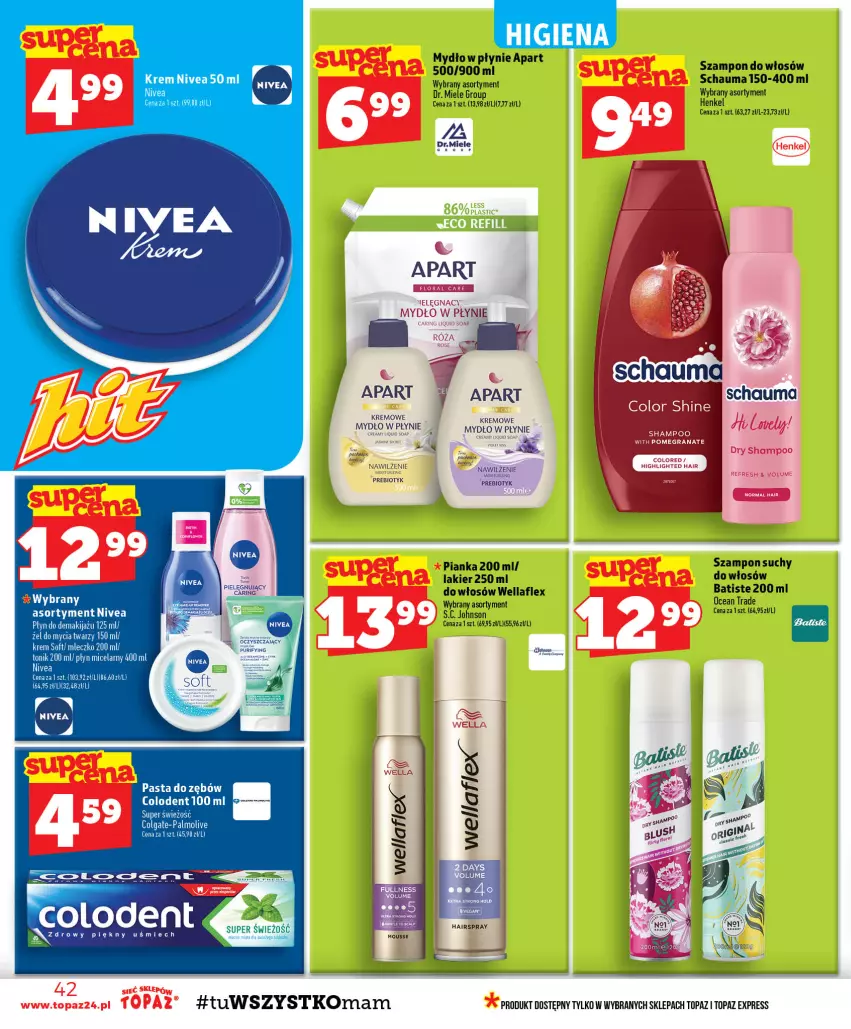 Gazetka promocyjna Topaz - Gazetka - ważna 10.09 do 16.09.2026 - strona 42 - produkty: Batiste, Lakier, Makijaż, Mydło, Mydło w płynie, Nivea, Pasta do zębów, Płyn micelarny, Pur, Schauma, Szampon, Tonik, Top, Wella, Wellaflex