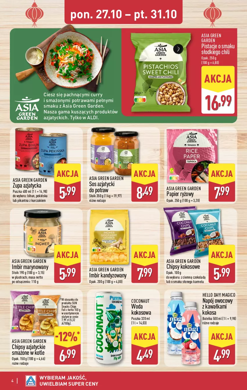Gazetka promocyjna Aldi - Smakowita podróż do Azji - ważna 27.10 do 31.10.2025 - strona 4 - produkty: Chipsy, Fa, Imbir, Kawa, Kokos, Kurczak, Napój, Papier, Papier ryżowy, Pistacje, Ryż, Sos, Woda, Zupa
