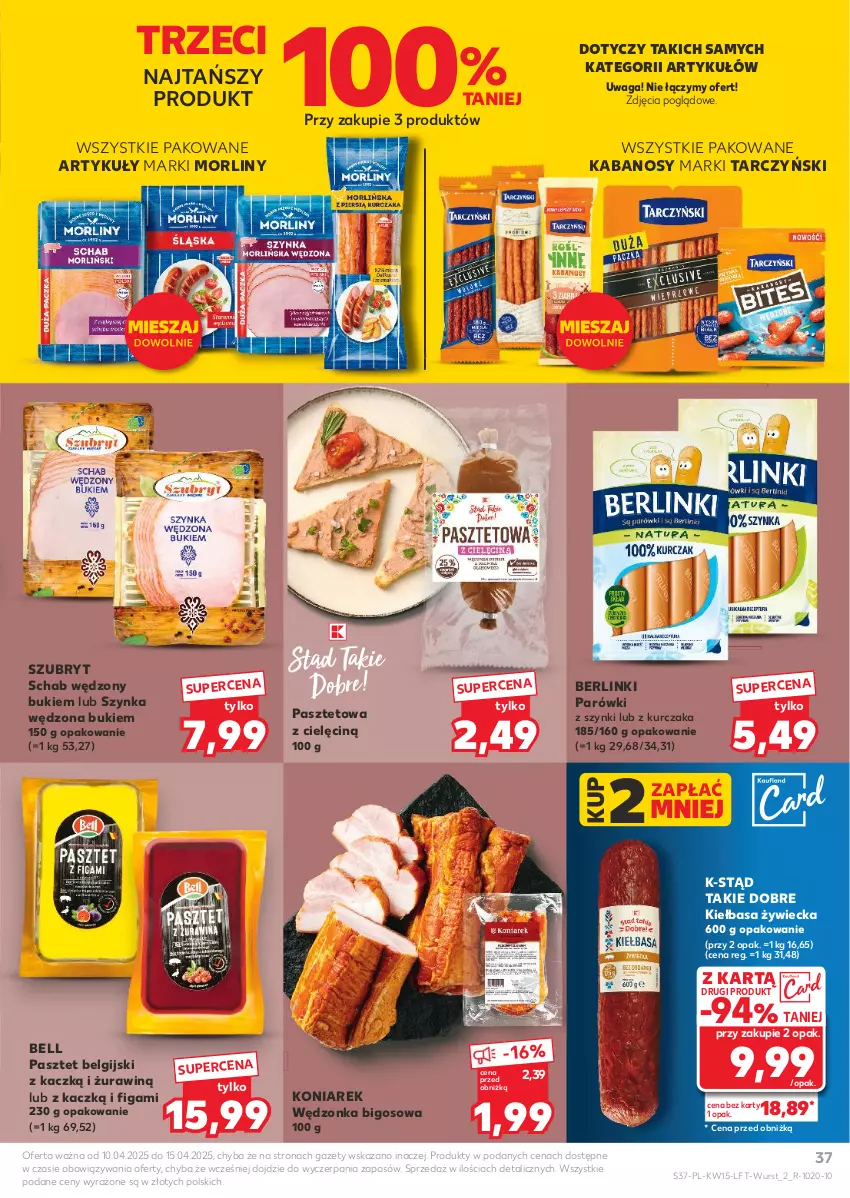 Gazetka promocyjna Kaufland - Gazetka tygodnia - ważna 10.04 do 15.04.2025 - strona 37 - produkty: Bell, Berlinki, Bigos, Kabanos, Kiełbasa, Kurczak, LG, Morliny, Parówki, Parówki z szynki, Pasztet, Szubryt, Szynka, Tarczyński, Waga