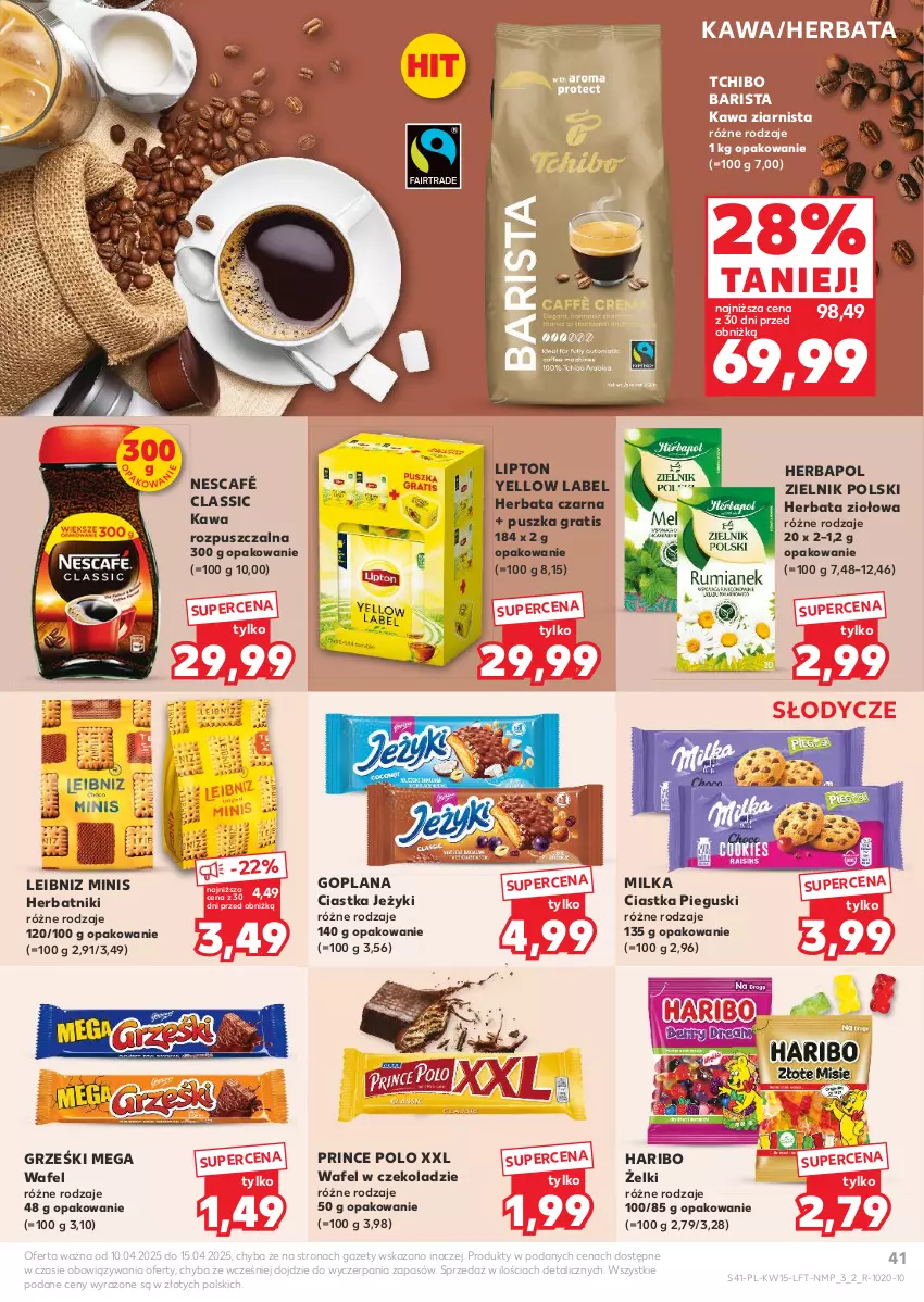Gazetka promocyjna Kaufland - Gazetka tygodnia - ważna 10.04 do 15.04.2025 - strona 41 - produkty: Ciastka, Goplana, Gra, Grześki, Haribo, Herbapol, Herbata, Herbata czarna, Herbatniki, Jeżyki, Kawa, Kawa rozpuszczalna, Kawa ziarnista, LANA, Lipton, Milka, Nescafé, Prince Polo, Tchibo, Tchibo Barista