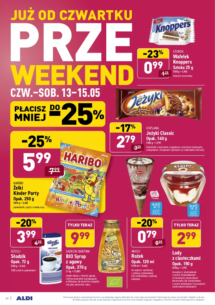 Gazetka promocyjna Aldi - ważna 10.05 do 15.05.2021 - strona 22 - produkty: Deser, Goplana, Haribo, Herbatniki, Jeżyki, Kakao, Kinder, Knoppers, LANA, Lody, Nektar, Ryż, Ser, Sos, Syrop, Tera, Wafelek