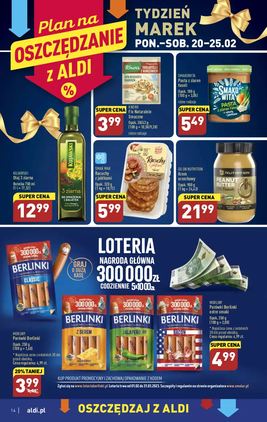 Gazetka promocyjna Aldi - Pełny katalog - ważna 20.02 do 25.02.2023 - strona 14 - produkty: Berlinki, Fa, Jabłka, Knorr, Krem orzechowy, Kujawski, Morliny, Olej, Parówki, Smakowita