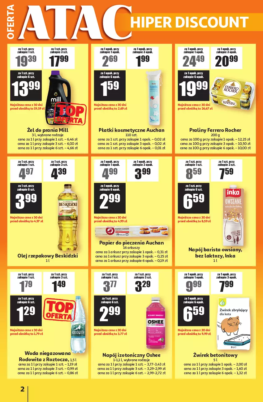 Gazetka promocyjna Auchan - ATAC Hiper Discount - ważna 13.11 do 03.12.2025 - strona 2 - produkty: Ferrero, Ferrero Rocher, Inka, Napój, Napój izotoniczny, Oshee, Papier, Papier do pieczenia, Piec, Płatki kosmetyczne, Praliny, Woda, Woda niegazowana