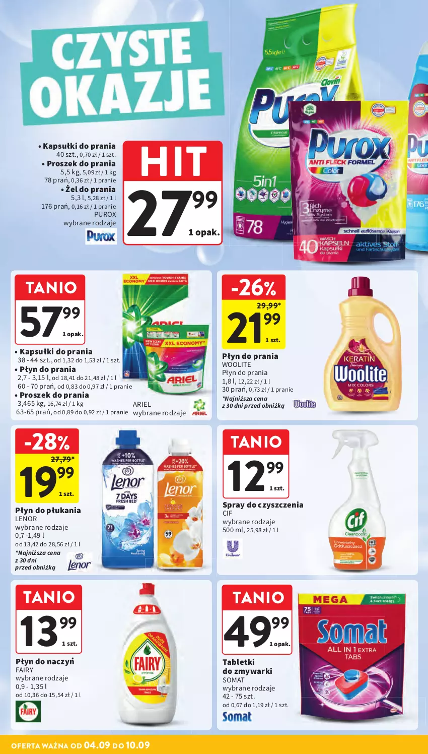 Gazetka promocyjna Intermarche - Gazetka promocyjna - ważna 04.09 do 10.09.2025 - strona 36 - produkty: Ariel, Cif, Fa, Fairy, Kapsułki do prania, Lenor, Płyn do płukania, Płyn do prania, Proszek do prania, Pur, Somat, Spray do czyszczenia, Tablet, Tabletki do zmywarki, Woolite, Zmywarki