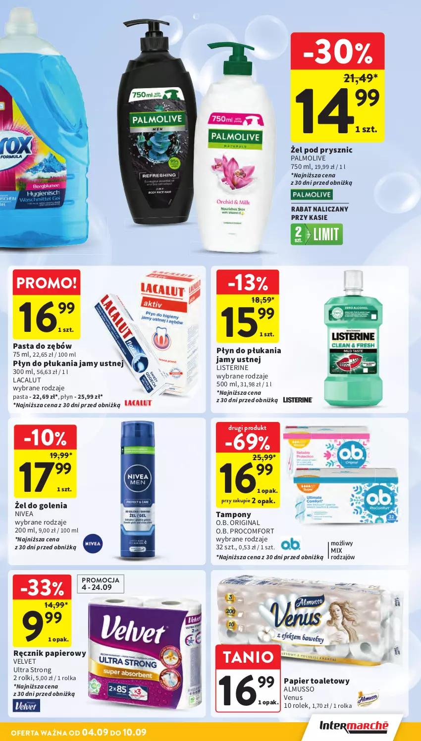 Gazetka promocyjna Intermarche - Gazetka promocyjna - ważna 04.09 do 10.09.2025 - strona 37 - produkty: Gin, Lacalut, Listerine, Mus, Nivea, O.B., Palmolive, Papier, Papier toaletowy, Pasta do zębów, Płyn do płukania, Płyn do płukania jamy ustnej, Ręcznik, Rolki, Tampony, Velvet, Venus
