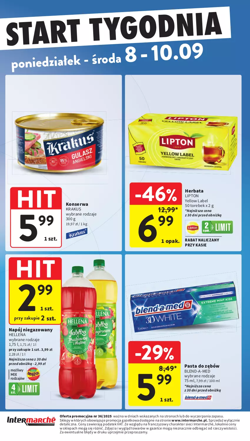 Gazetka promocyjna Intermarche - Gazetka promocyjna - ważna 04.09 do 10.09.2025 - strona 43 - produkty: Blend-a-Med, Hellena, Herbata, Krakus, Lipton, Napój, Napój niegazowany, Pasta do zębów, Ser