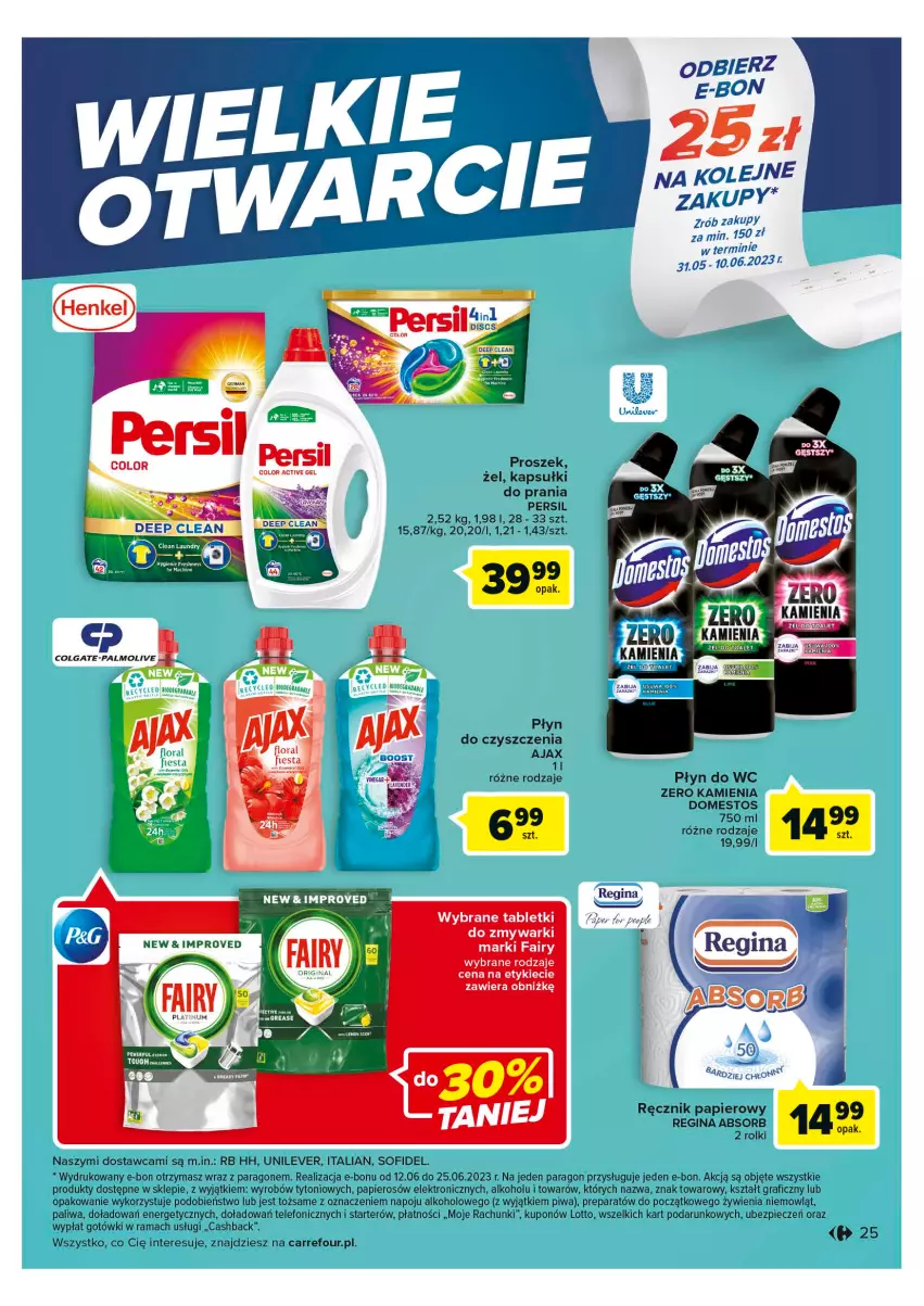 Gazetka promocyjna Carrefour - Gazetka Wielki wybór cenionych marek - ważna 30.05 do 10.06.2023 - strona 25 - produkty: Ajax, Domestos, Fa, Fairy, Flora, Gin, Gra, Kapsułki do prania, Papier, Persil, Piec, Piwa, Płyn do wc, Rama, Ręcznik, Rolki, Tablet, Telefon, Zmywarki