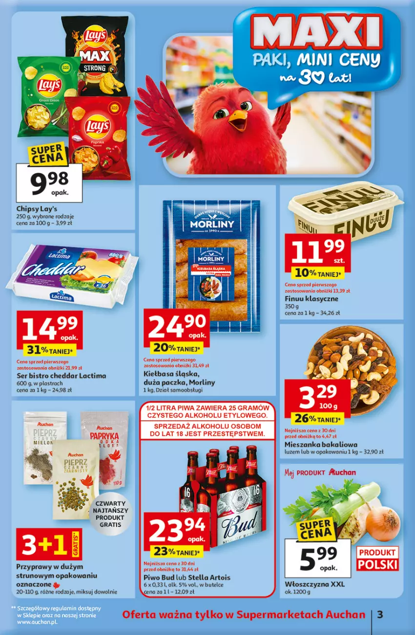 Gazetka promocyjna Auchan - 30 Lat Supermarket - ważna 15.01 do 21.01.2026 - strona 3 - produkty: Cheddar, Chipsy, Finuu, Gra, Kiełbasa, Kiełbasa śląska, Mieszanka bakaliowa, Morliny, Piwa, Piwo, Przyprawy, Ser