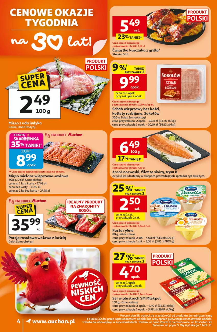 Gazetka promocyjna Auchan - 30 Lat Supermarket - ważna 15.01 do 21.01.2026 - strona 4 - produkty: Grill, Kotlet, Kurczak, Lisner, Mięso, Mięso mielone, Pastella, Por, Schab wieprzowy, Ser, Sok, Sokołów