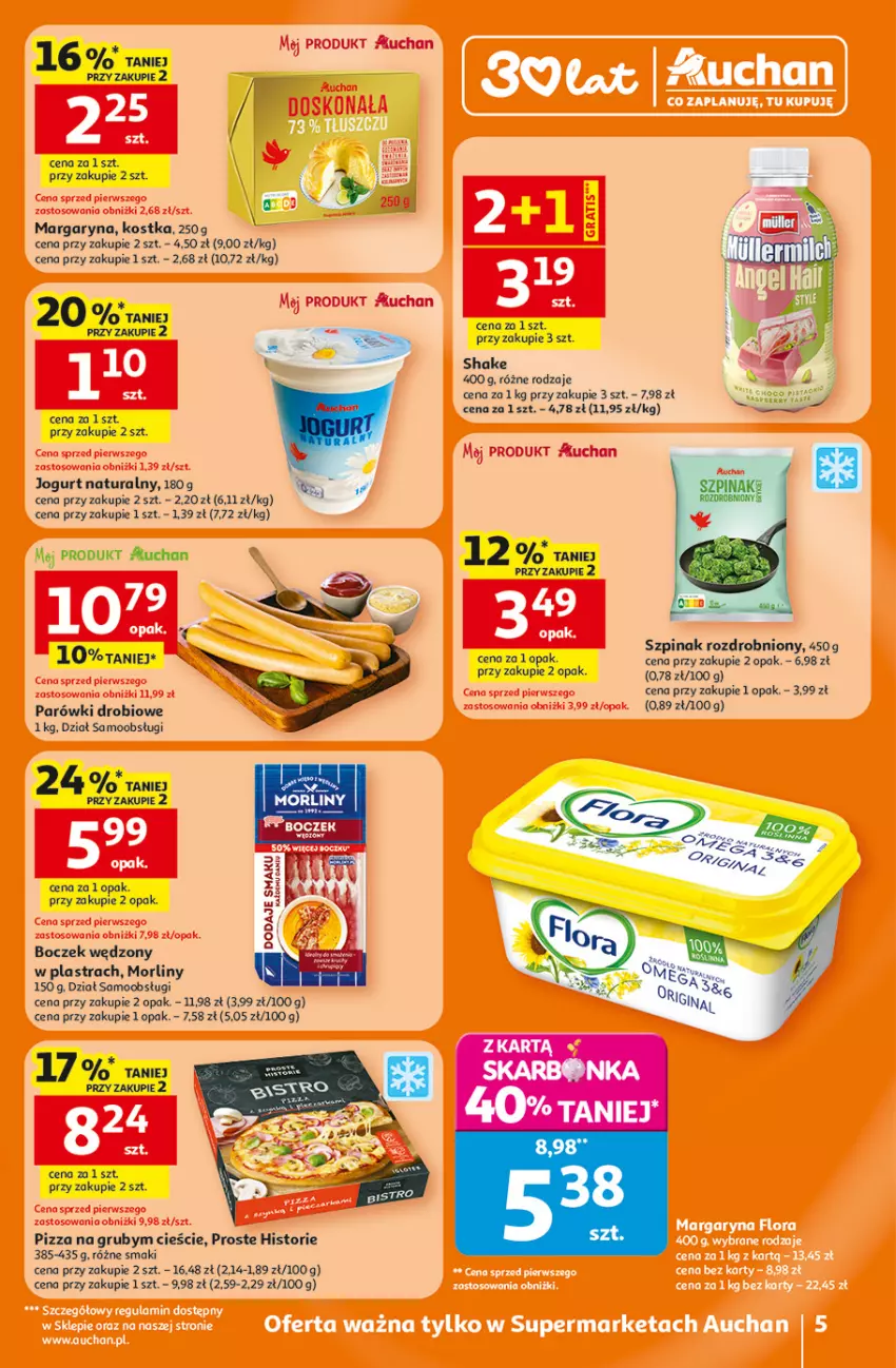 Gazetka promocyjna Auchan - 30 Lat Supermarket - ważna 15.01 do 21.01.2026 - strona 5 - produkty: Boczek, Jogurt, Jogurt naturalny, LG, Margaryna, Morliny, Parówki, Pizza, Szpinak