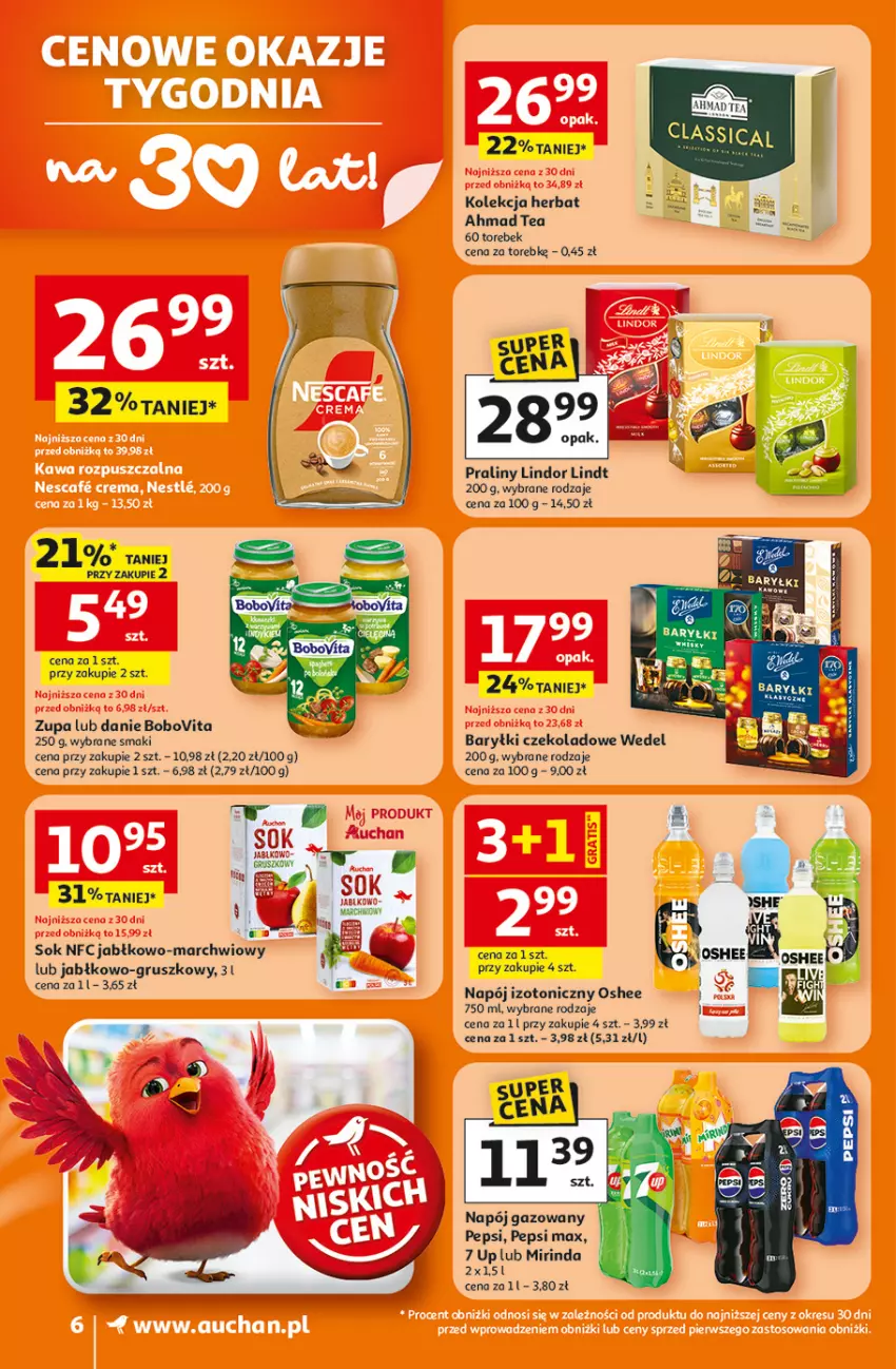 Gazetka promocyjna Auchan - 30 Lat Supermarket - ważna 15.01 do 21.01.2026 - strona 6 - produkty: Baryłki, BoboVita, Lindor, Lindt, Mirinda, Napój, Napój gazowany, Napój izotoniczny, Oshee, Pepsi, Pepsi max, Praliny, Sok, Zupa
