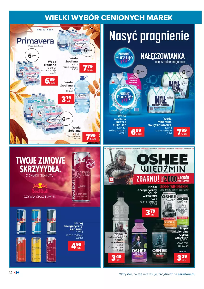 Gazetka promocyjna Carrefour - Gazetka Wielki wybór cenionych marek - ważna 02.11 do 14.11.2021 - strona 42 - produkty: LANA, Nałęczowianka, Napój, Napój energetyczny, Napój izotoniczny, Nestlé, Oshee, Pur, Red Bull, Woda, Woda mineralna