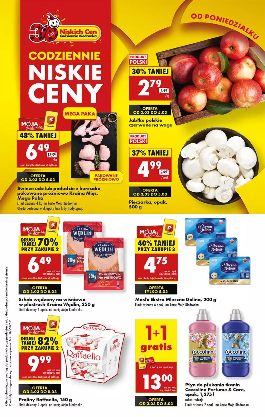 Gazetka promocyjna Biedronka - Od Poniedziałku - ważna 03.03 do 08.03.2025 - strona 1 - produkty: Coccolino, Fa, Koc, Kret, Kurczak, Masło, Perfum, Piec, Pieczarka, Płyn do płukania, Podudzie z kurczaka, Praliny, Raffaello