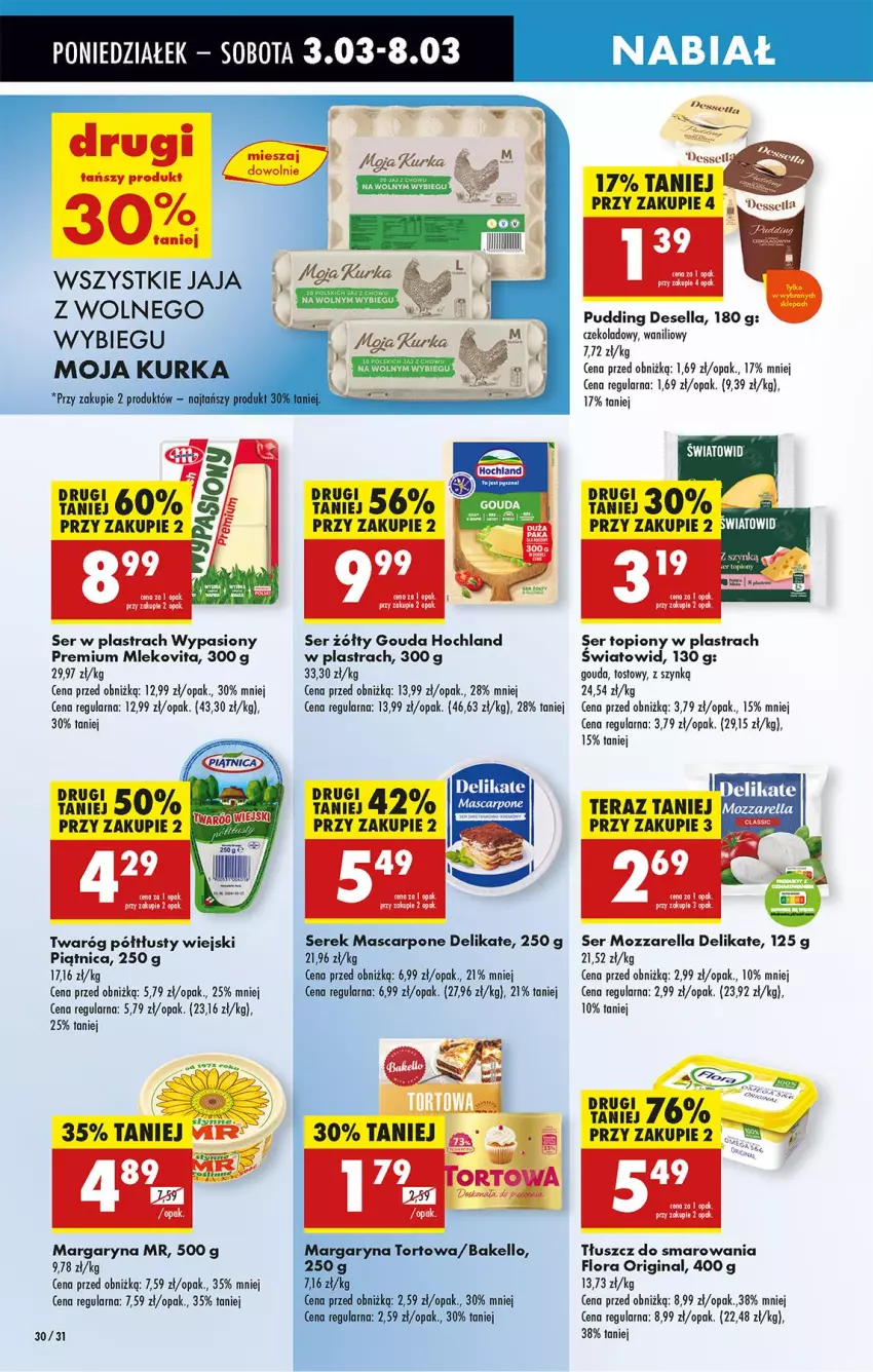 Gazetka promocyjna Biedronka - Od Poniedziałku - ważna 03.03 do 08.03.2025 - strona 40 - produkty: Fa, Flora, Gin, Gouda, Hochland, Jaja, Margaryna, Mascarpone, Mleko, Mlekovita, Mozzarella, Piątnica, Pudding, Ser, Ser topiony, Serek, Top, Twaróg, Twaróg półtłusty