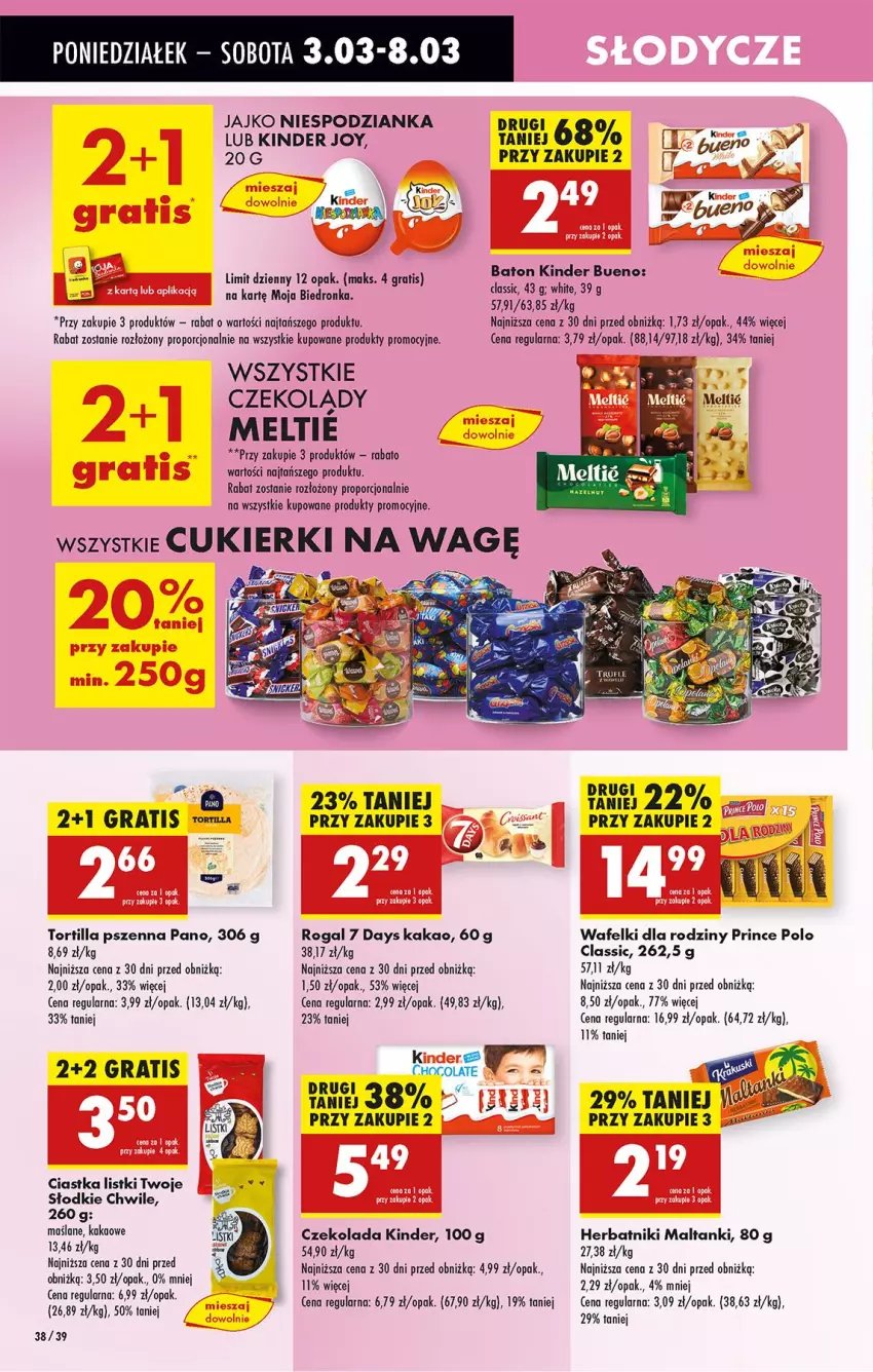 Gazetka promocyjna Biedronka - Od Poniedziałku - ważna 03.03 do 08.03.2025 - strona 50 - produkty: 7 Days, Baton, Ciastka, Cukier, Cukierki, Czekolada, Gra, Herbatniki, Kakao, Kinder, Kinder Bueno, Por, Prince Polo, Rogal, Tortilla