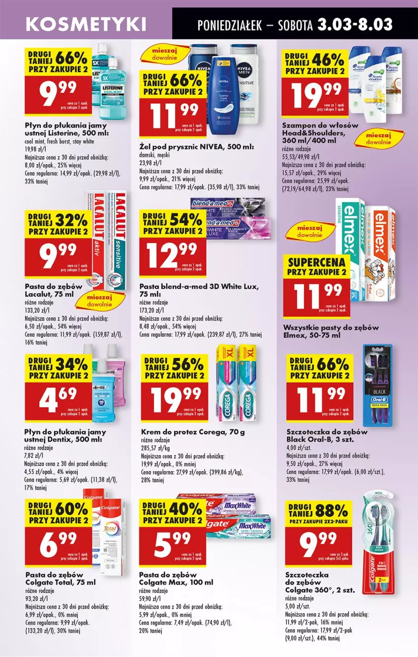 Gazetka promocyjna Biedronka - Od Poniedziałku - ważna 03.03 do 08.03.2025 - strona 63 - produkty: Blend-a-Med, Colgate, Colgate Total, Corega, Elmex, Lacalut, Lack, LG, Listerine, Nivea, Pasta do zębów, Płyn do płukania, Płyn do płukania jamy ustnej, Szampon, Szczoteczka, Szczoteczka do zębów