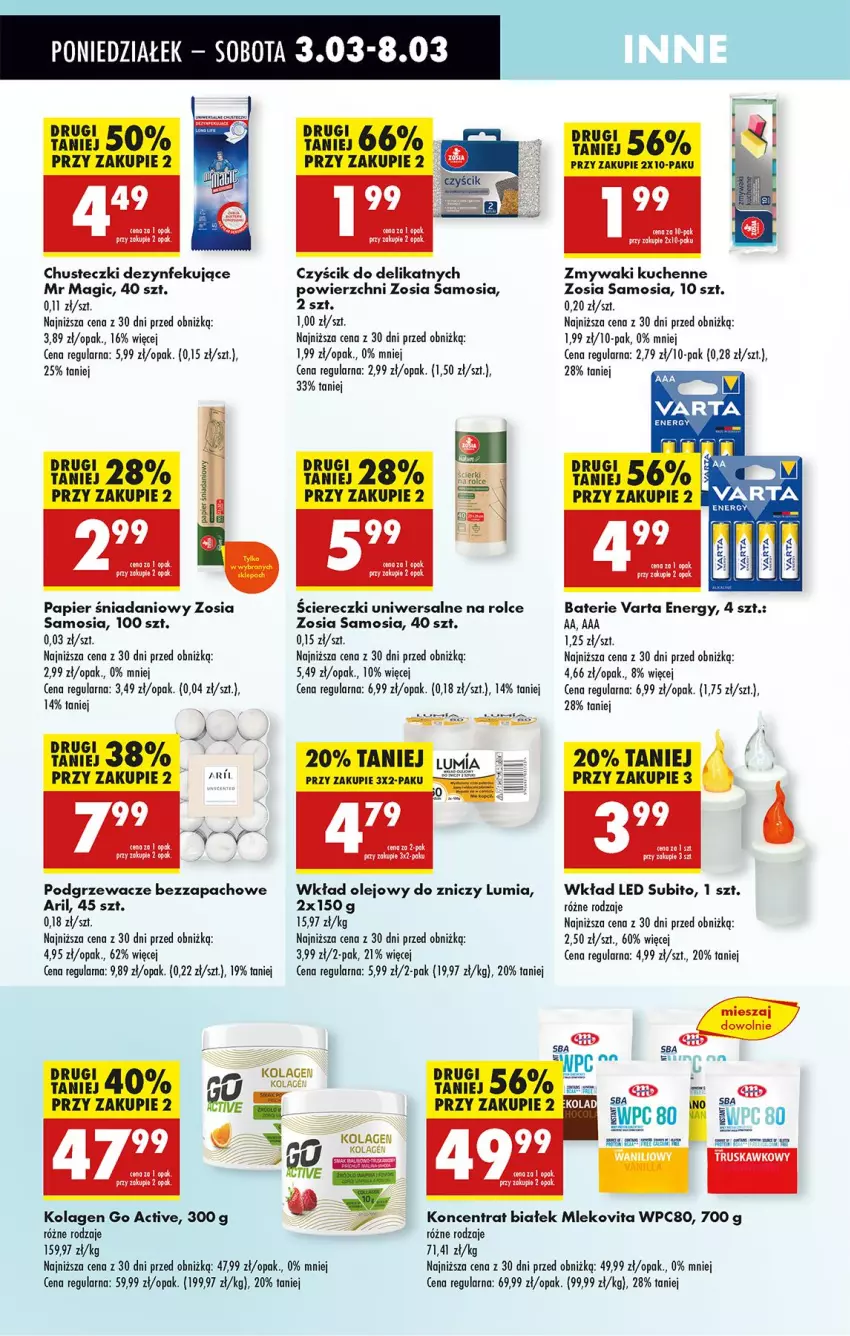 Gazetka promocyjna Biedronka - Od Poniedziałku - ważna 03.03 do 08.03.2025 - strona 72 - produkty: Chusteczki, Danio, Kolagen, Mleko, Mlekovita, Olej, Papier, Podgrzewacze, Varta, Wkład olejowy, Zmywaki kuchenne, Znicz