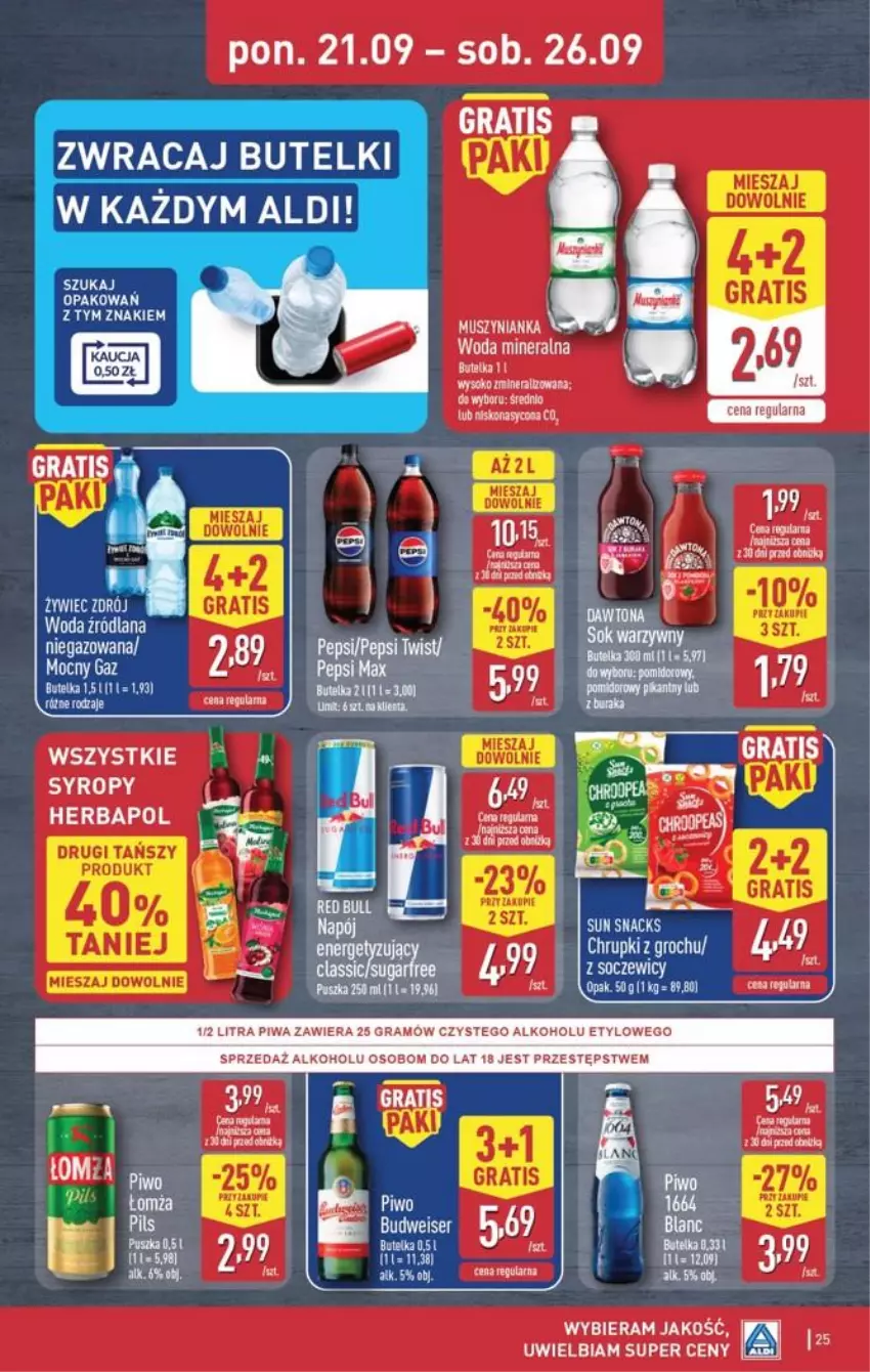 Gazetka promocyjna Aldi - Pełna oferta - ważna 21.09 do 26.09.2026 - strona 25 - produkty: Fa, Gra, Herbapol, Mus, Muszynianka, Piwa, Syrop, Syropy, Woda, Woda mineralna