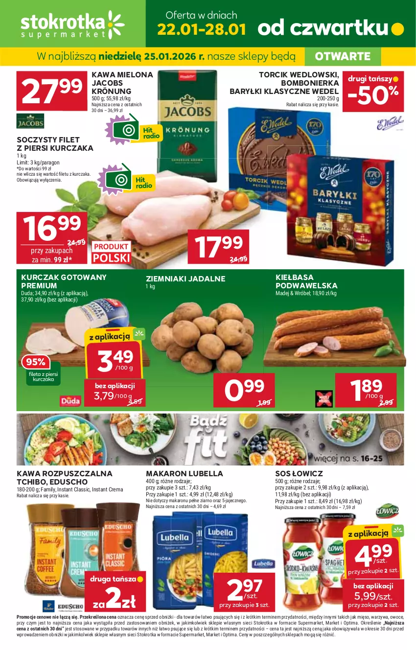 Gazetka promocyjna Stokrotka - Supermarket - ważna 22.01 do 28.01.2026 - strona 1 - produkty: Baryłki, Bell, Bella, Duda, Fa, Filet z piersi kurczaka, Jacobs, Jacobs Krönung, JBL, Kawa, Kawa mielona, Kawa rozpuszczalna, Kiełbasa, Kiełbasa podwawelska, Kurczak, Kurczak gotowany, Lubella, Makaron, Mięso, Optima, Owoce, Sos, Tchibo, Warzywa, Wawel, Ziemniaki