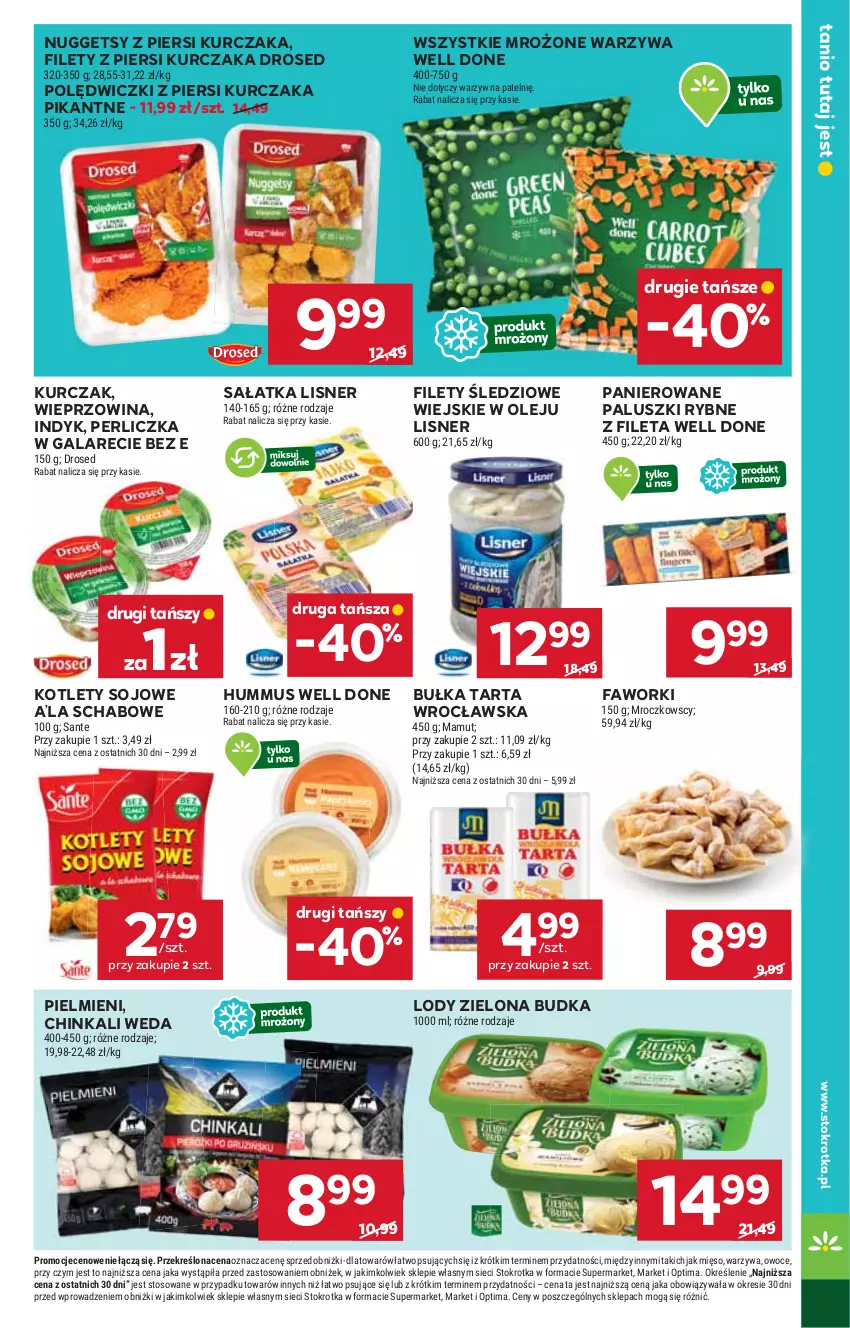 Gazetka promocyjna Stokrotka - Supermarket - ważna 22.01 do 28.01.2026 - strona 29 - produkty: Bułka, Bułka tarta, Fa, Faworki, Gala, Hummus, Inka, Kotlet, Kurczak, Lisner, Lody, Mięso, Mus, Olej, Optima, Owoce, Paluszki rybne, Perliczka, Sałat, Sałatka, Sante, Tarta, Warzywa, Wieprzowina, Zielona Budka