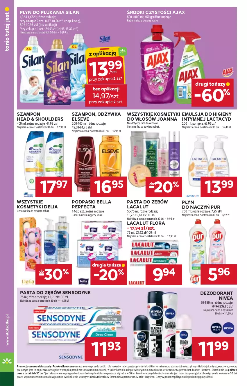 Gazetka promocyjna Stokrotka - Supermarket - ważna 22.01 do 28.01.2026 - strona 32 - produkty: Ajax, Bell, Bella, Dezodorant, Elseve, Emulsja, Fa, Flora, Joanna, Lacalut, Lactacyd, Mięso, Nivea, Odżywka, Optima, Owoce, Pasta do zębów, Perfecta, Płyn do płukania, Podpaski, Pompka, Pur, Sensodyne, Silan, Szampon, Warzywa